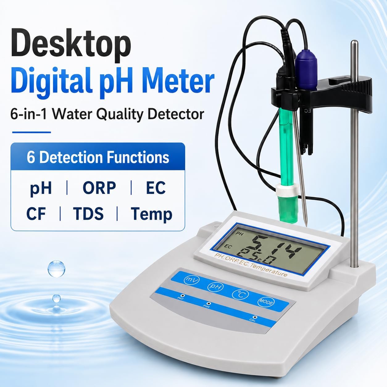 Kit de medidor de pH digital 6 en 1 con compensación de temperatura y almacenamiento de datos para acuario, laboratorio, granja y pesca