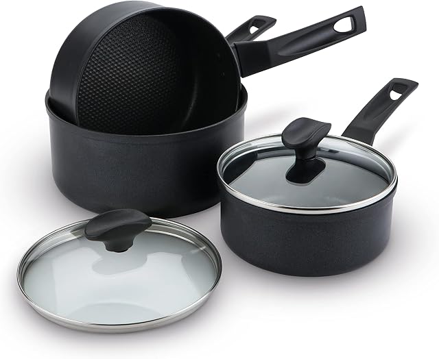 Prestige - 9x Tougher - 3 Piece Saucepan Set - Durable Cookware - Superior Dimpled Non-Stick - Induction Suitable - Dishwasher and Oven Safe - Glass lids - 10 Year Guarantee - 16/18/20 cm