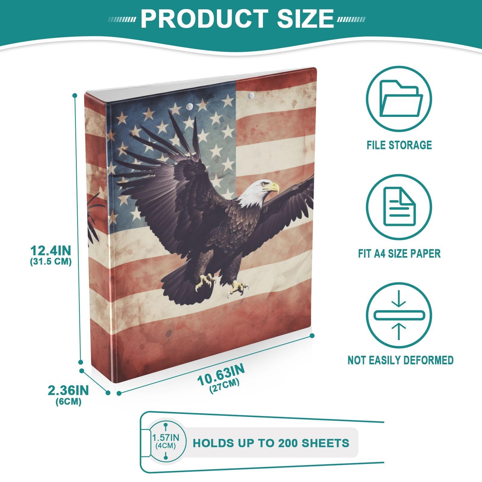 ALAZA Raccoglitore a 3 anelli con 3 tasche interne in PVC trasparente, con bandiera americana, 200 fogli, per ufficio, casa, scuola, confezione da 1