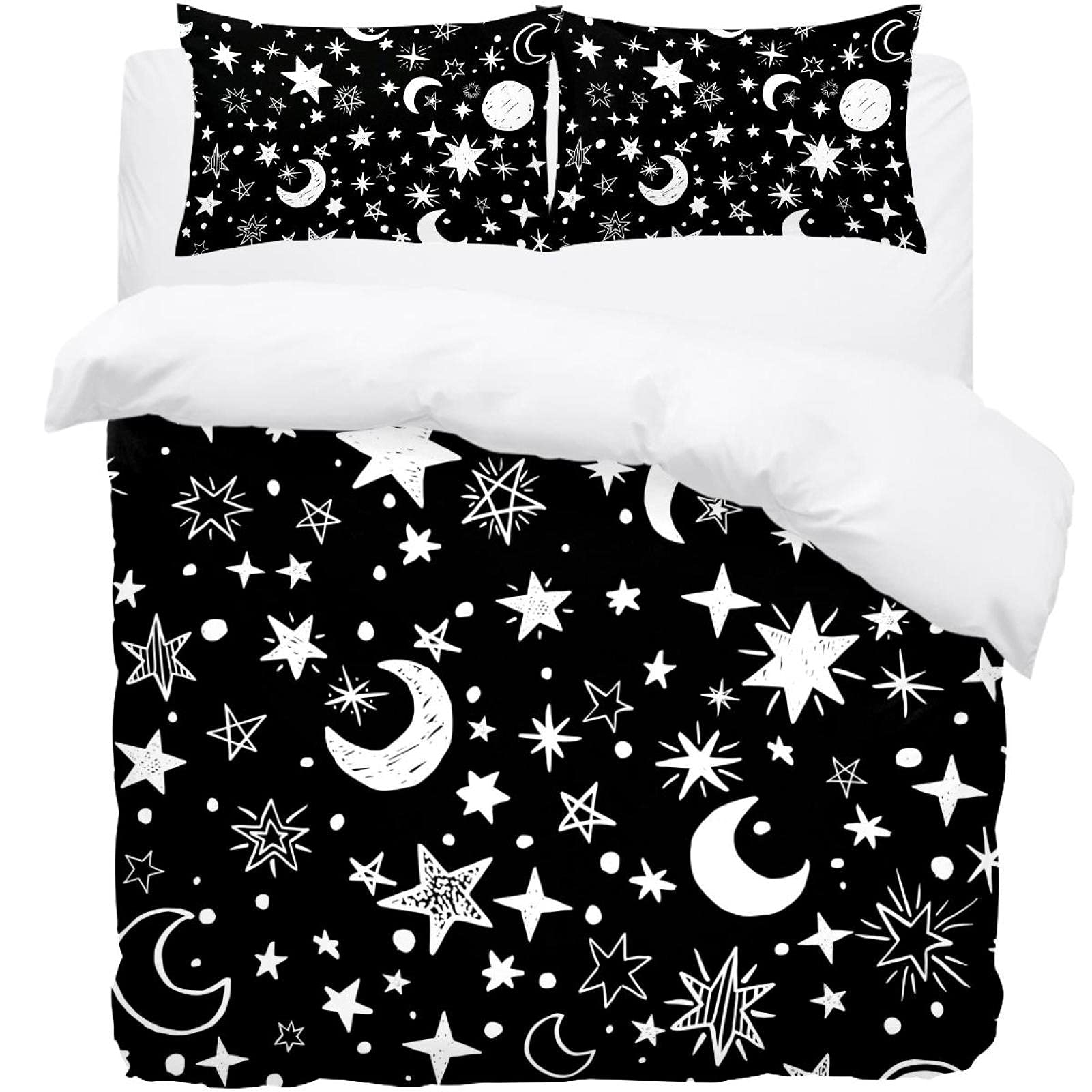 Housse de couette lune et étoiles parure de lit 3 pièces pour chambre d'ado cosy