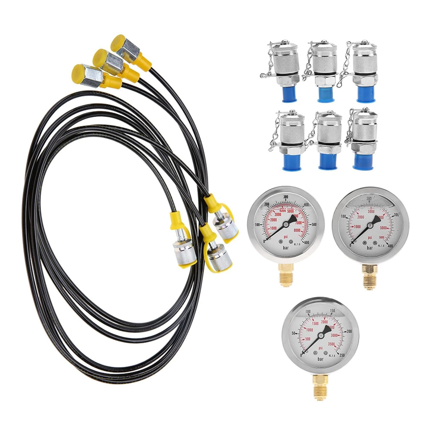 Kit de manómetro de prueba hidráulica, comprobador hidráulico digital profesional, con 6 accesorios de medición de presión, 3 manómetros hidráulicos y tubos de medición de presión, para excavadoras