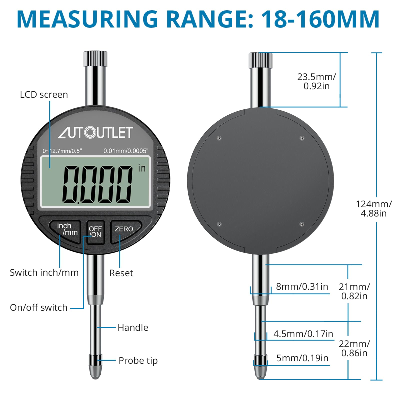 AUTOUTLET Calibrador de Diámetro Interior Digital, Calibrador de Orificios 0.01mm Precisión, Herramienta de Medición Interna de Cilindros con Cabezales Intercambiables y Estuche ABS (18-160mm)