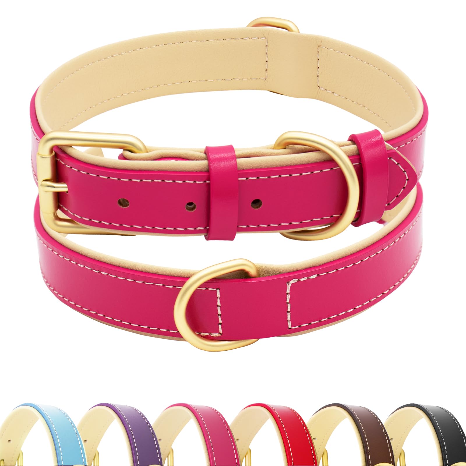 HSIGIO Genuine Leather Dog Collar, Soft Padded Dog Collar Leather, Breathable Heavy Duty Pet Collars with Durable Metal Buckle for Small Medium Large and Extra Large Dogs(S, Hotpink)