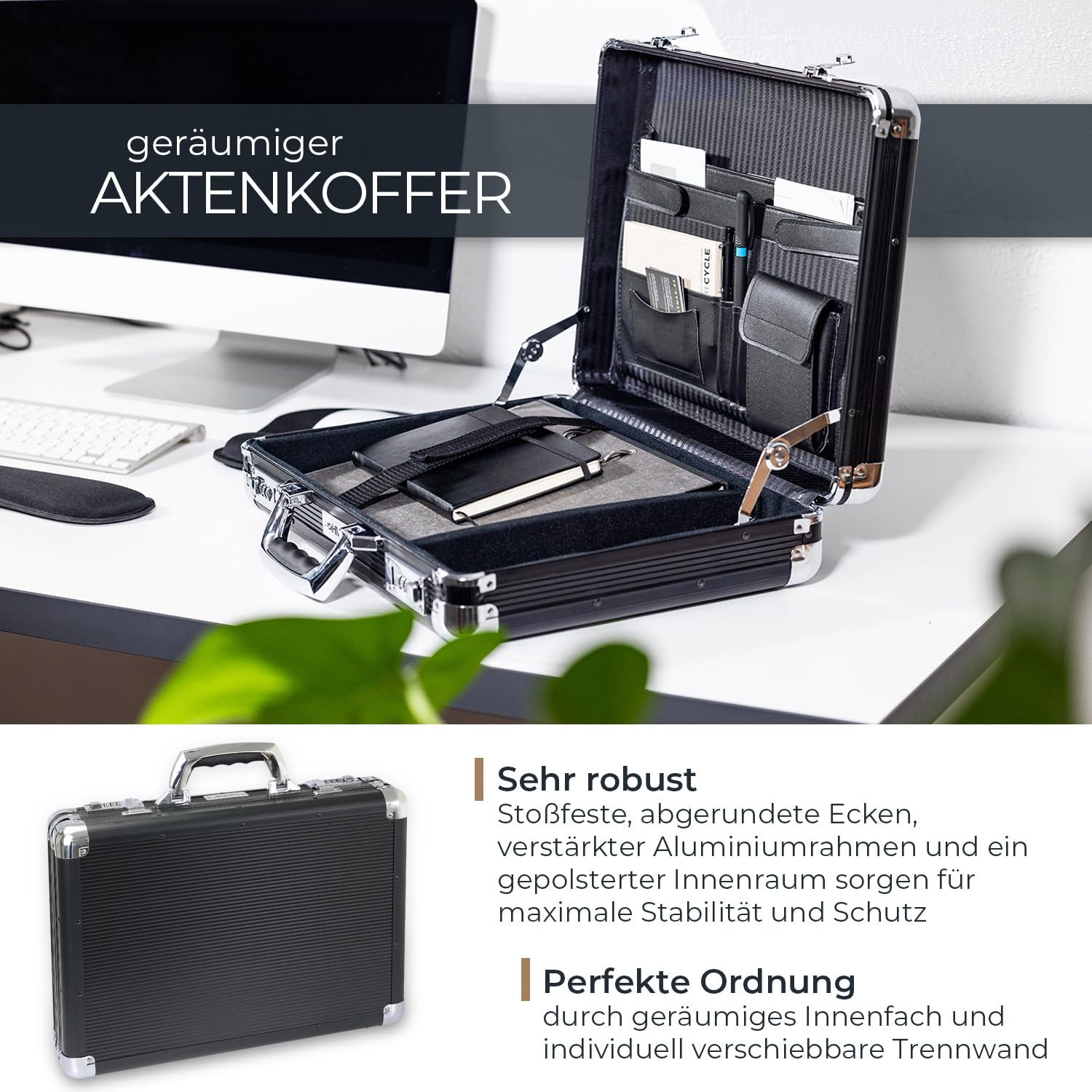 HMF Alu Aktenkoffer für Laptop bis 17,3 Zoll, Businesskoffer Herren mit Zahlenschloss, gepolstertem Laptopfach und Organizer im Deckel | 45 x 33 x 11 cm | Schwarz
