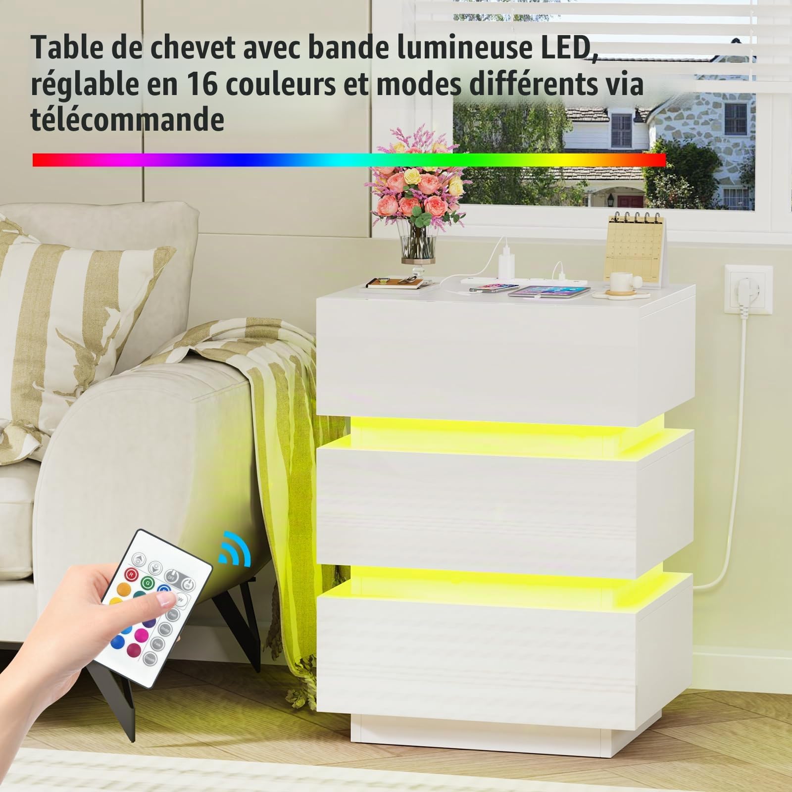 Table de Chevet, Table de Nuit LED avec 3 Tiroirs, Table de Chevet avec Prise Intégrée, Table d'Appoint Moderne, Table de Nuit Blanche pour Chambre à Coucher ou Salon. (Blanc, 62x35x45cm)