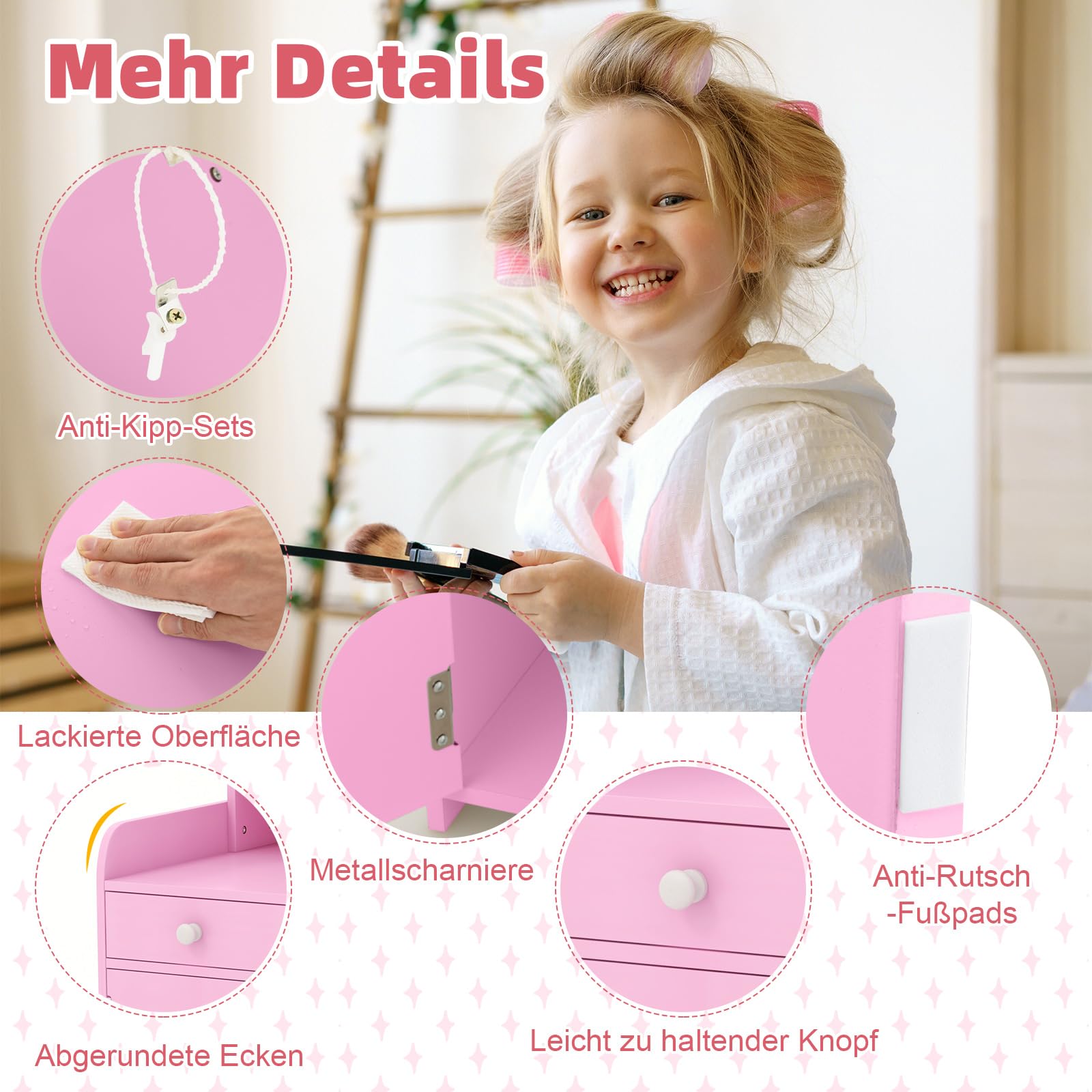 COSTWAY 2 in 1 Kinder Schminktisch Set, Frisertisch mit Hocker, LED-Leuchten, Spiegel, Schrank & Schublade, Kosmetiktisch Schminkkommde mädchen aus Holz für Kinder ab 3 Jahren (Rosa)