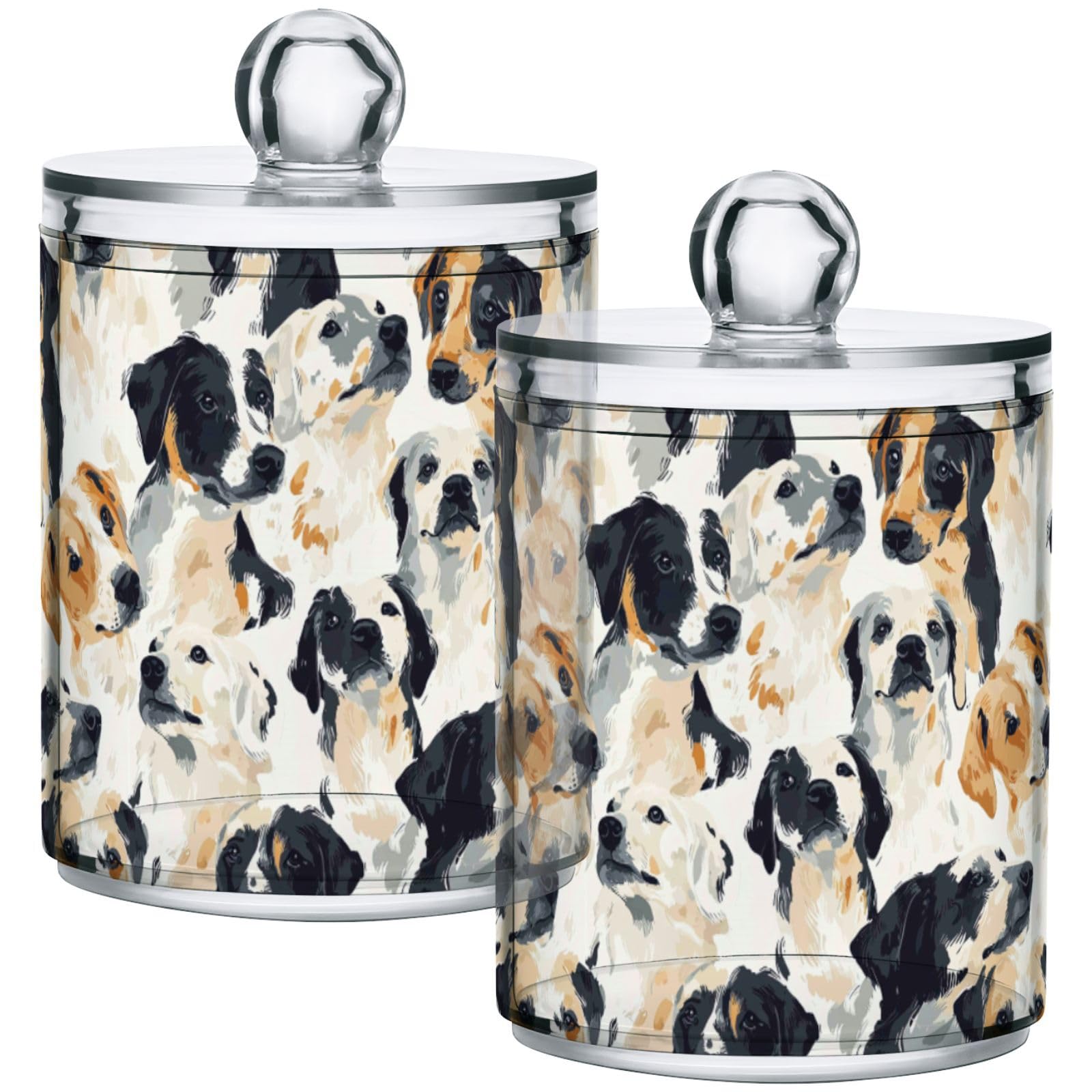 Gredecor 2 Pack Qtip Holder Clear Cute Dogs Puppy (7) Apothecary Jars with Lids Acrylic Bathroom Jars Vanity Countertop Canister Storage Organizer for Cotton Ball,Swabs,Pads,Floss