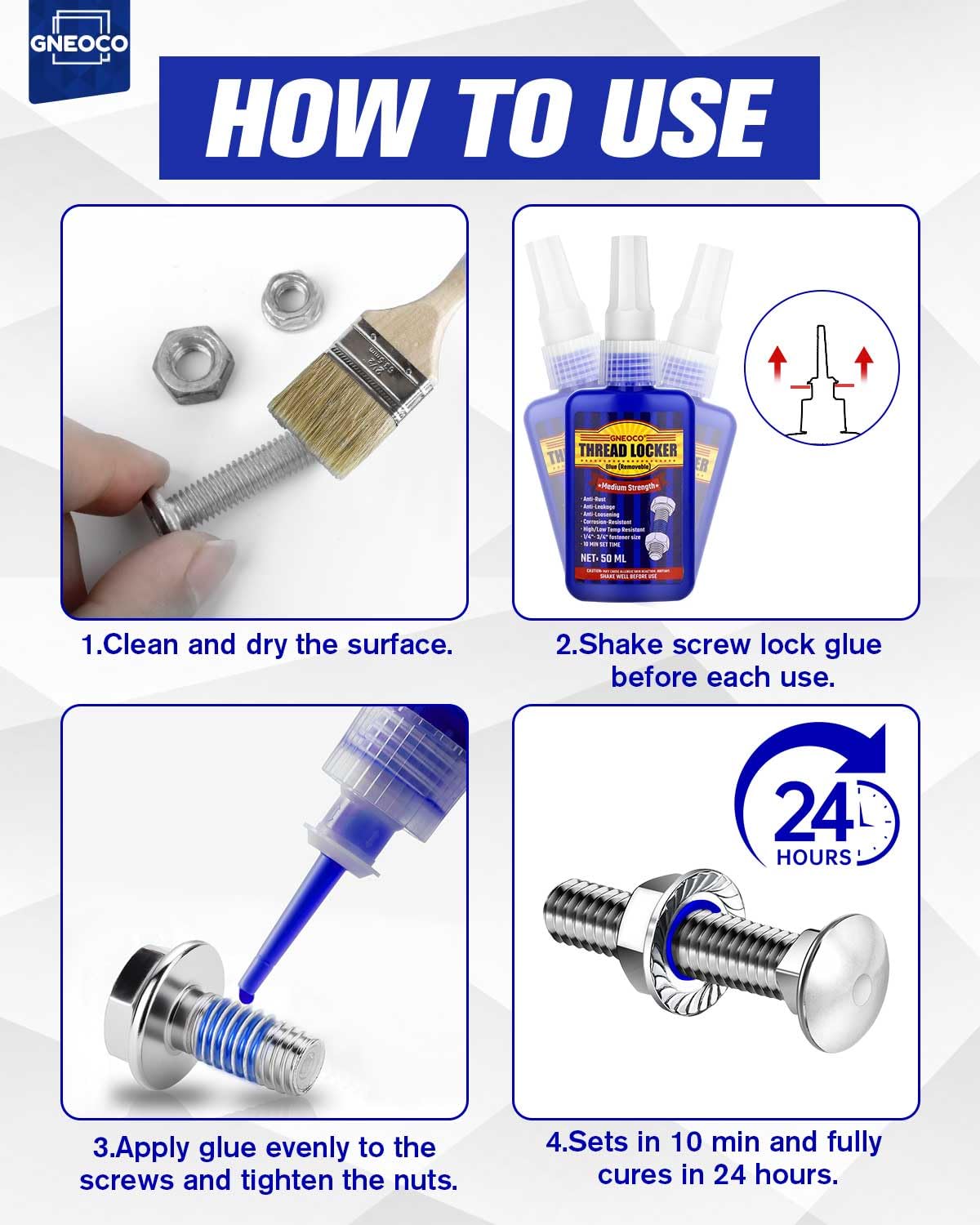 Thread Lock Blue 50 ml x 2, fijador de roscas de resistencia media, bloqueador de roscas para tuercas, pernos, sujetadores y metales, pegamento de tornillo de curado anaeróbico para evitar que
