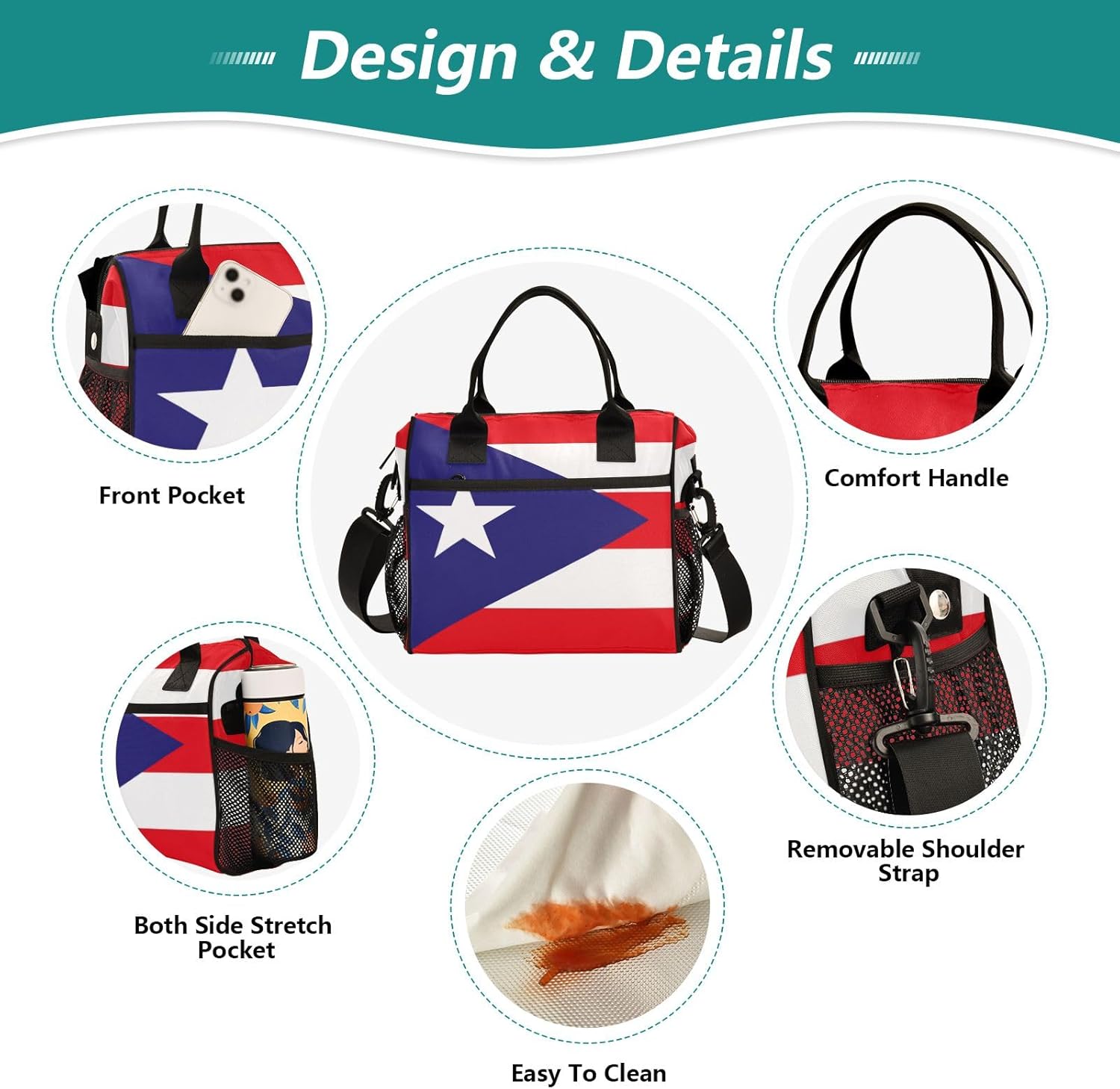 ODAWA Puerto Rico Flag Men's Lunch Bag for Work Adult Lunch Bag with Water Bottle Holder Lunch Box Bag for Picnic