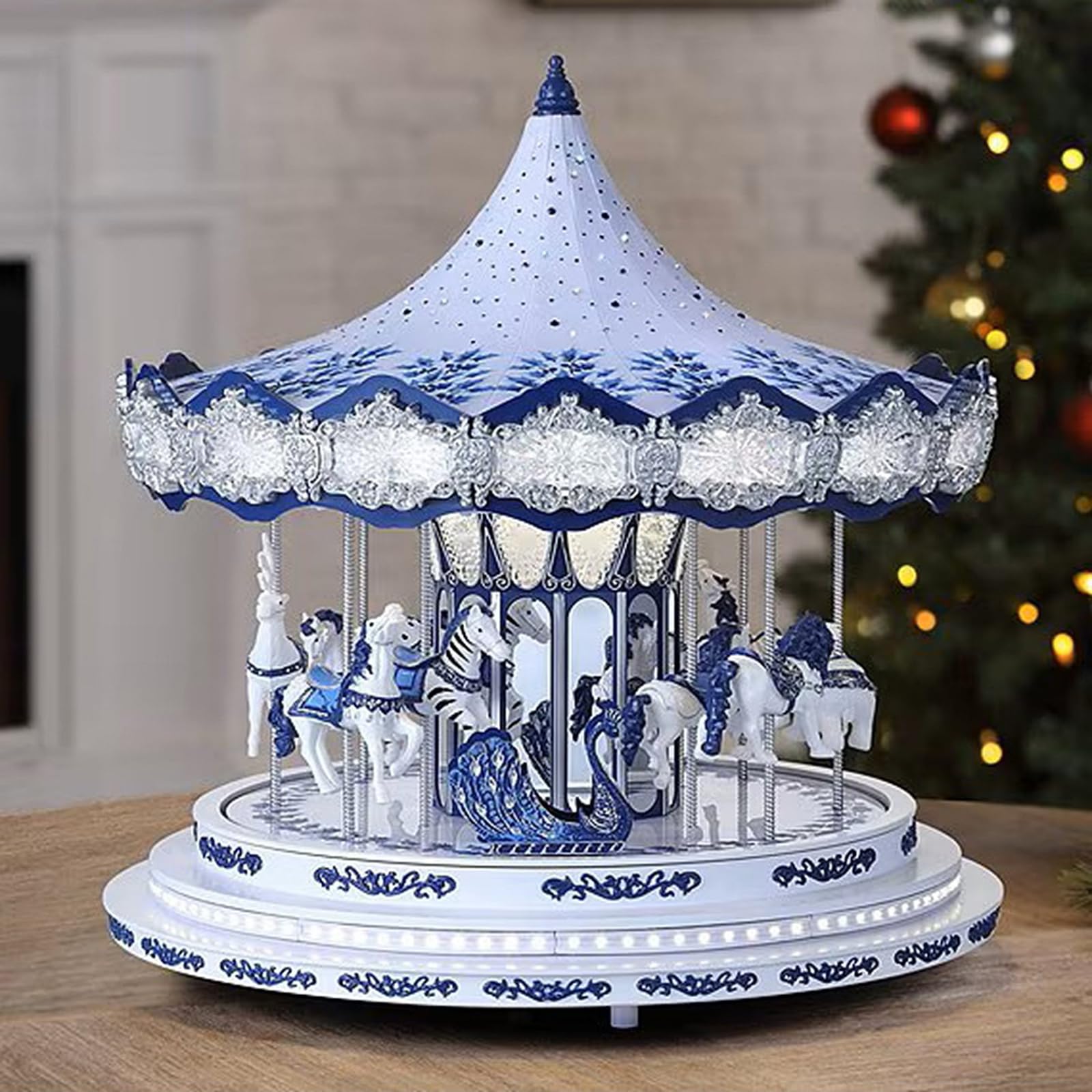Carrusel Musical Animado Blanco Y Azul De 42 Cm, Estilo Chino, Caja De Música LED, 3 Modos De Iluminación, 24 Canciones Integradas, Ideal para Decoración O Regalo Navideño
