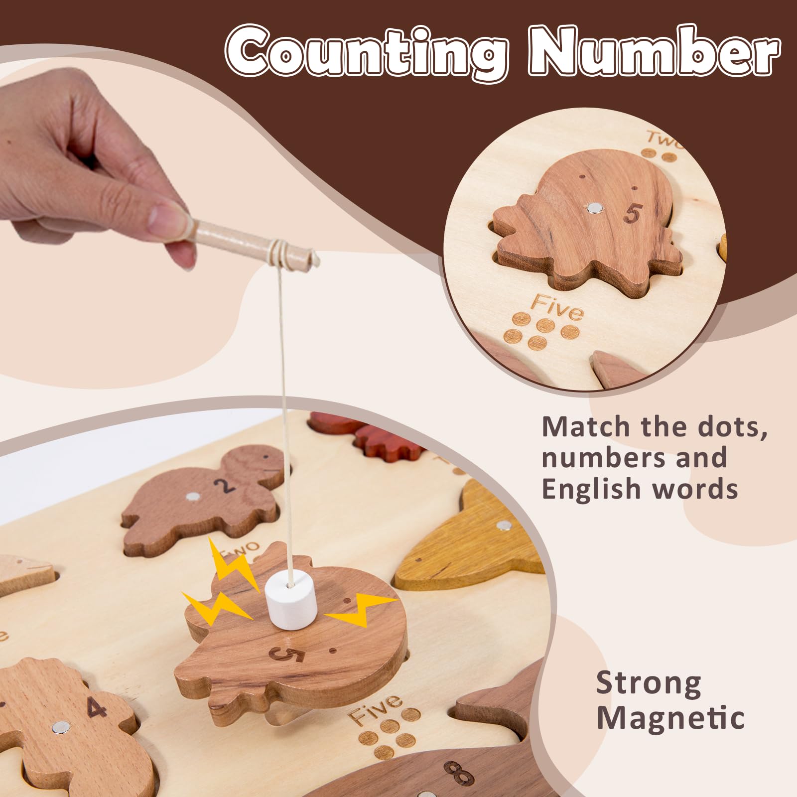 Magnetyczna drewniana gra wędkarska dla maluchów 1-3, puzzle Montessori z liczącymi numerami, magnesy dla dzieci 3-5, drobne umiejętności motoryczne, prezenty dla dziewczynek i chłopców