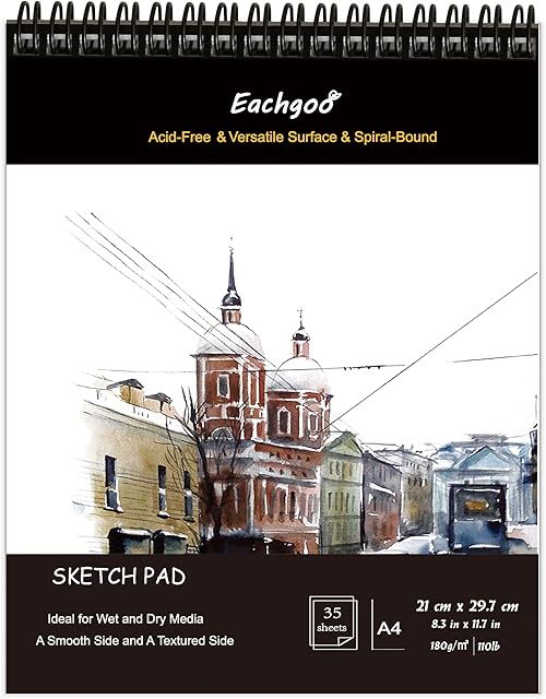 Eachgoo Spiral Bound Sketchbook, A4 180gsm 35 Sheets Acid Free Sketch Paper for Wet and Dry Media