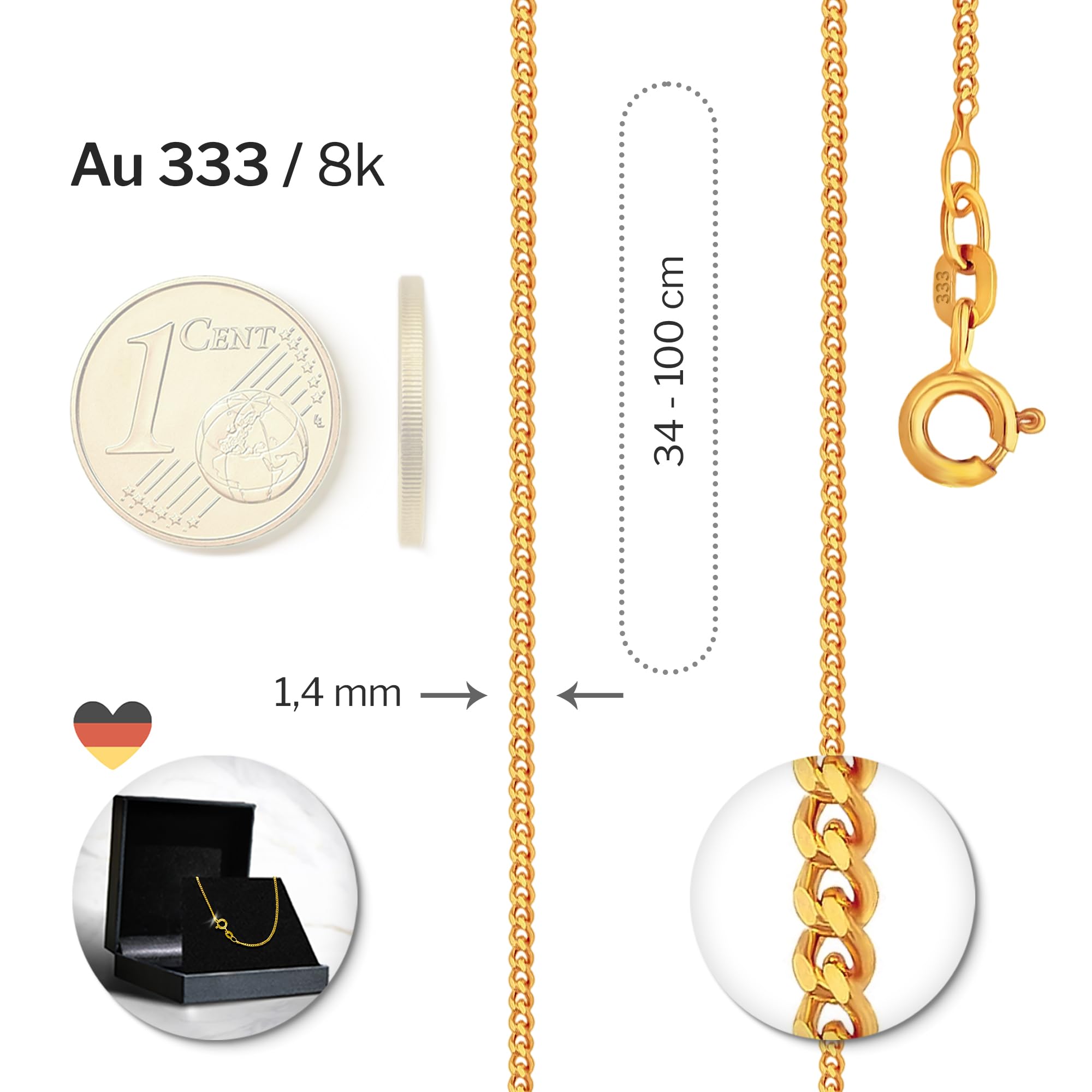 EDELIND Goldkette Damen 333 585 Echtgold Panzerkette 1.4 mm auch 375 750 mit stilvoller Geschenkbox