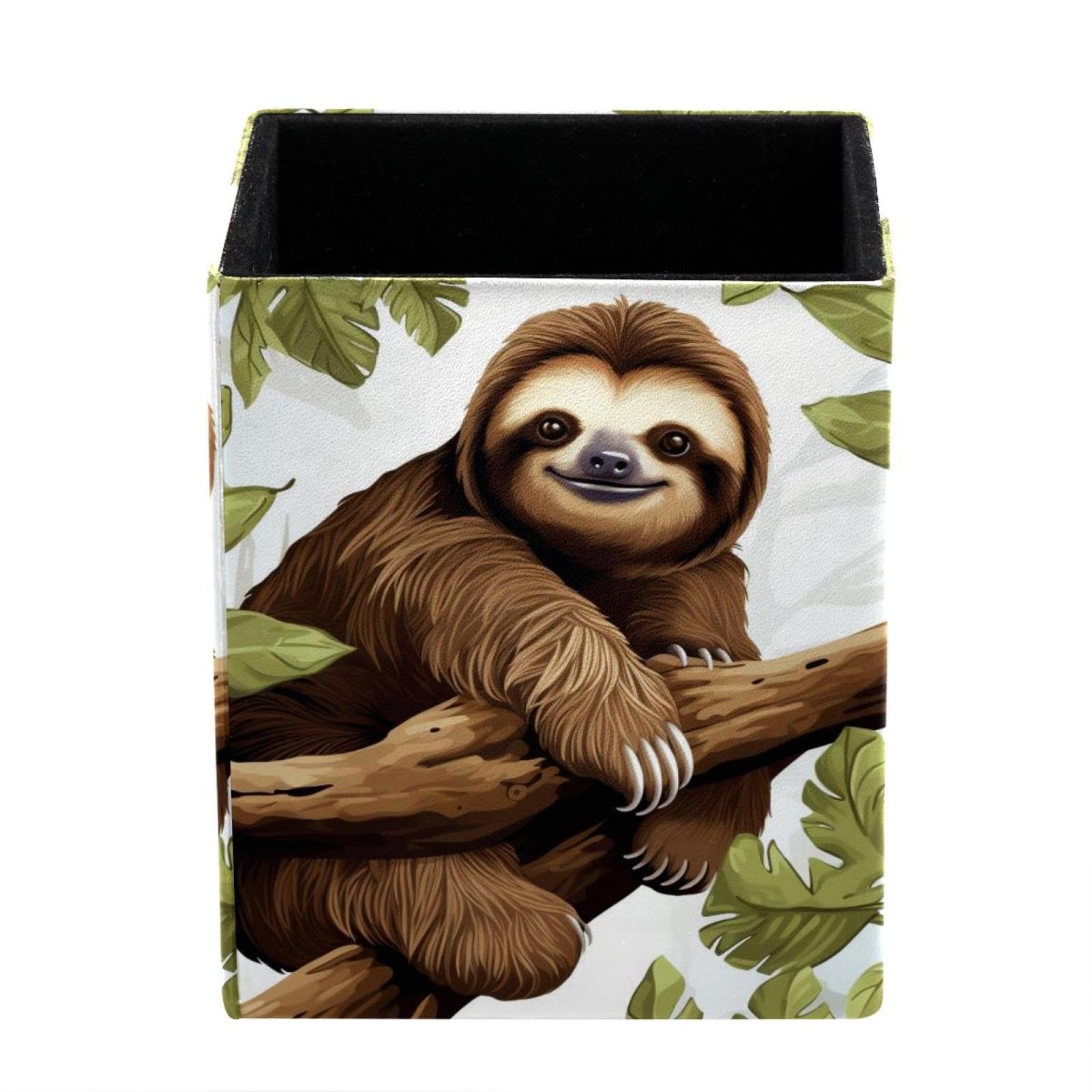 FWJZDSP Pencil Pen Holder, Cute Sloth in Nature Makeup Brush Holder, Leather Desk Accessories, Stationery Organizer for Office Desk Accessory