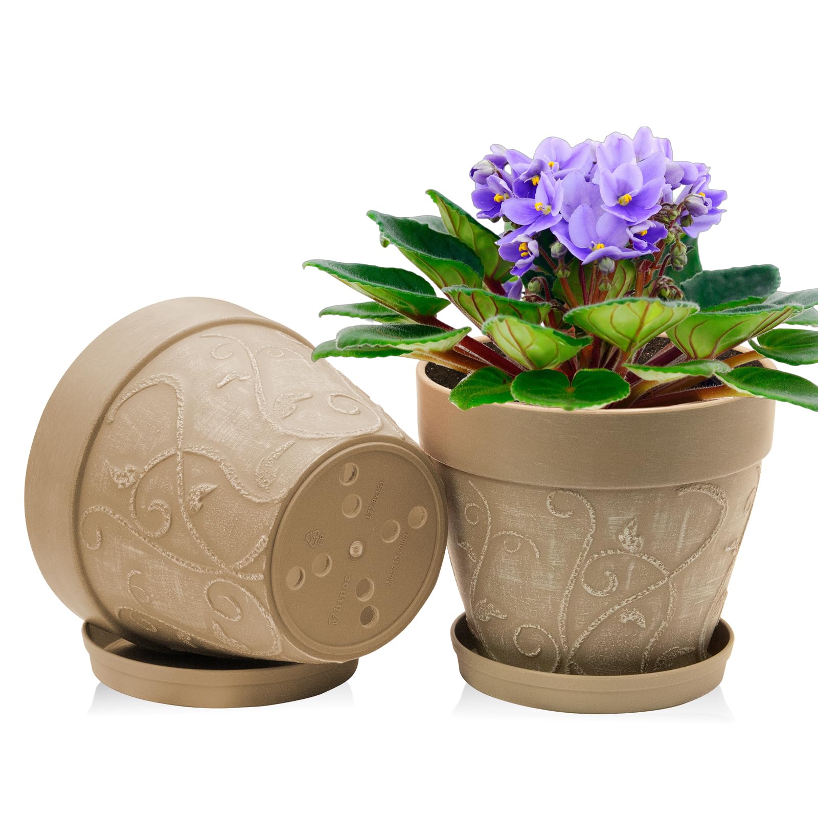 ZMTECH 20 cm Pots avec Soucoupes et Trous de Drainage, Pot de Plante Plastique Aspect Terre Cuite, Pot de Fleur Moyen avec Plateau pour Plantes d'Intérieur Extérieur (Brun Clair, Lot de 2)