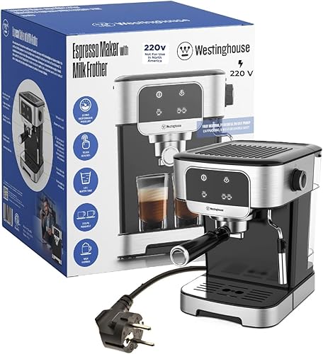 Dynastar Máquina de café expreso de 220 voltios con espumador de leche, 20 barras, 1200 vatios, control táctil, paquete de 220-240 voltios (no para
