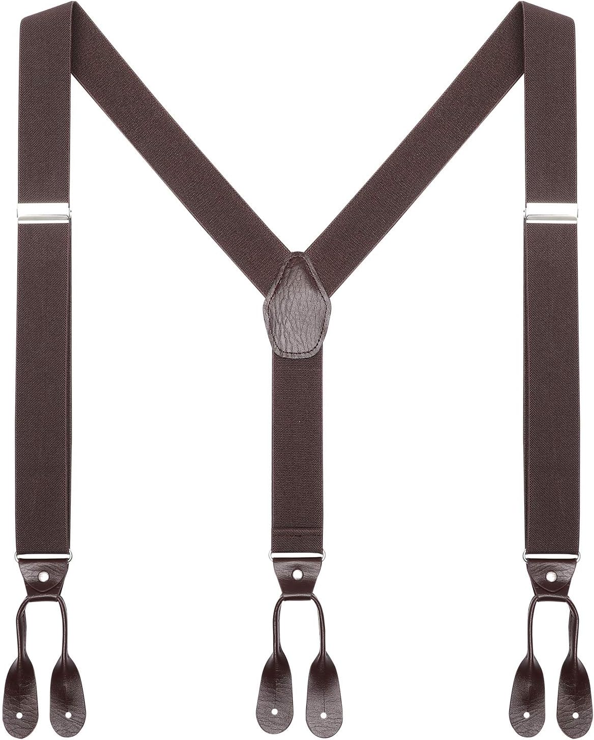 Mens Brown Button End Suspenders - Adjustable Elastic Y Shape Tuxedo Suspender
