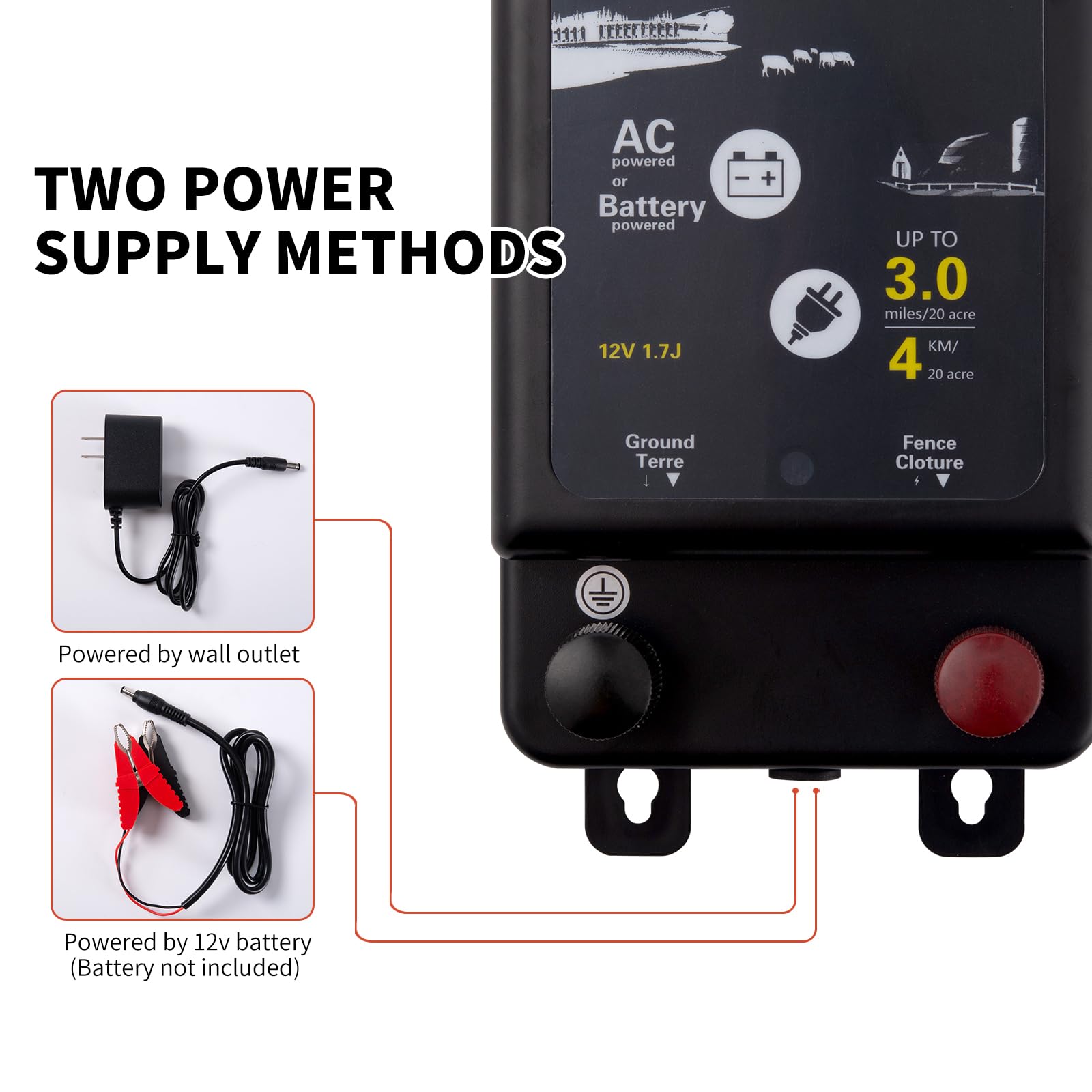 2025 New Tech 2 in 1 Electric Fence Energizer Charger Plug-in & 12V Battery, Waterproof & Safe Wide Coverage Energizer for Farms, Suburban Homes, Gardens, Livestock, Pets & More