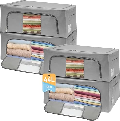 Temiminime Bolsas de almacenamiento de ropa con cremallera y marco de metal de 44 litros, paquete de 4, organizador de suéteres de armario,