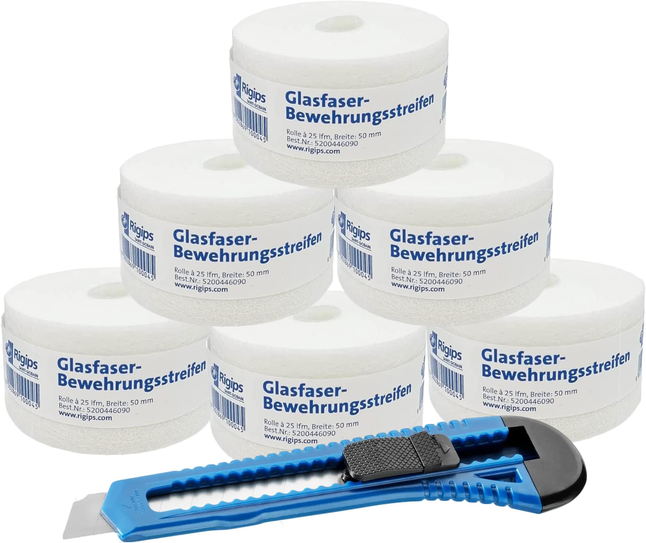 RigipsGlass Fibre Joint Cover Strips [6 Rolls 50 mm x 25 m] Drywall Board Joint Tape | Reinforcement Strips Plasterboard in Drywall | Includes Cutter Knife