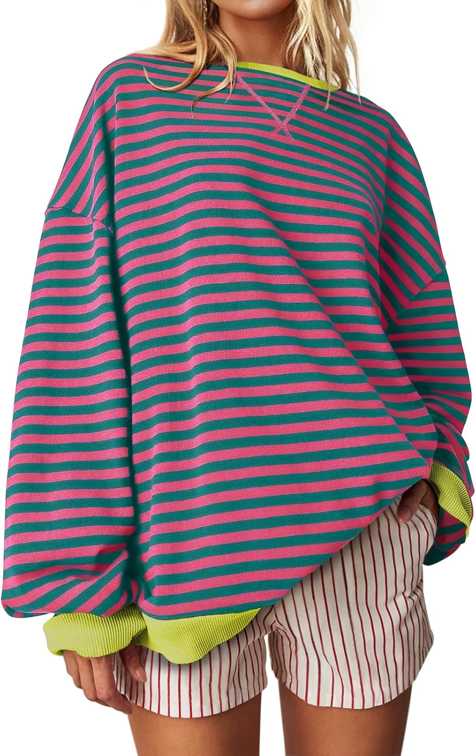 UEU Women Oversized Striped Crewneck Sweatshirt Long Sleeve Color Block Pullover Tops Casual Loose Workout Shirt