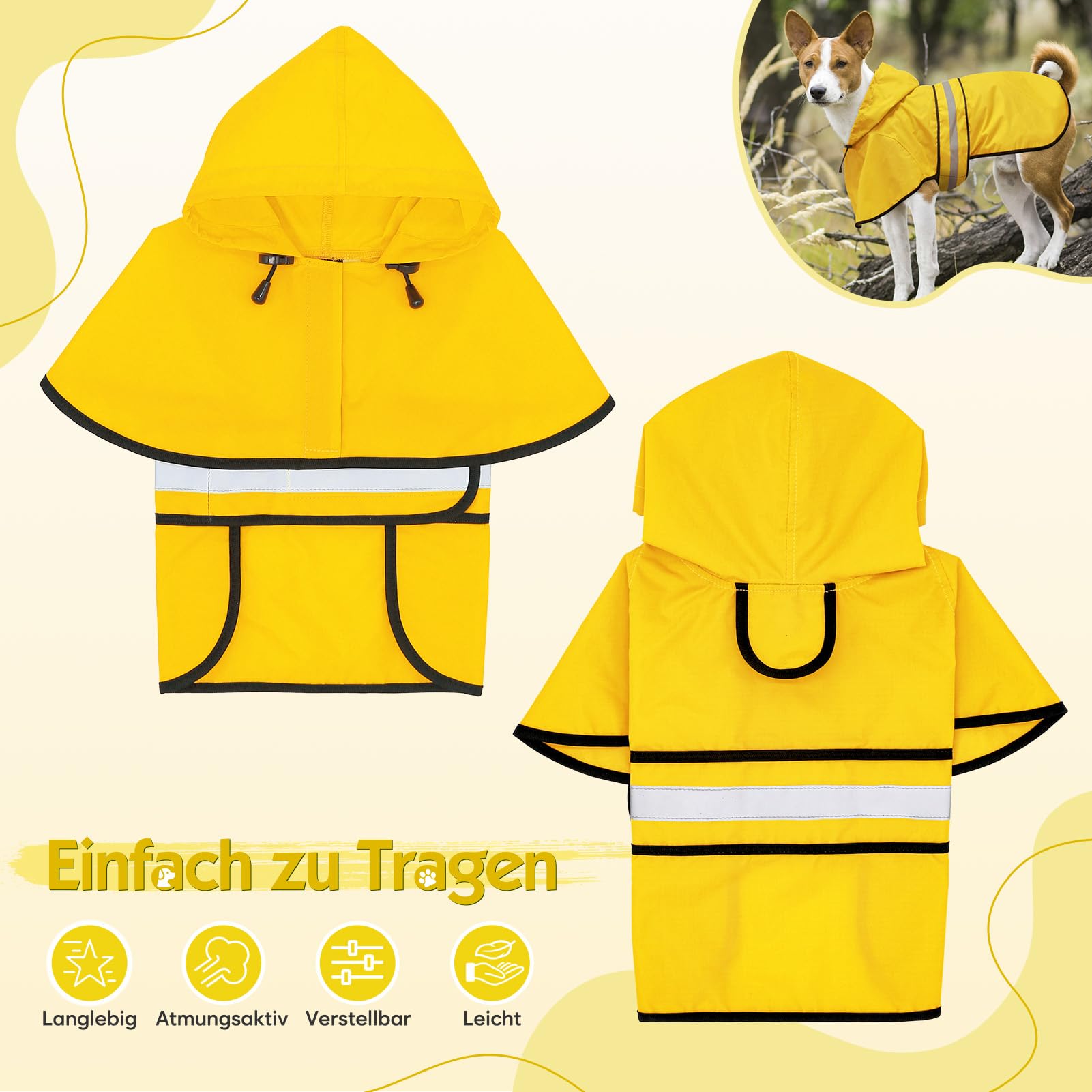 Weesiber Manteau de Pluie Imperméable Réfléchissant pour Chien, Étanche Ultraléger et Aéré, Veste Ajustable pour Animal de Compagnie, Poncho pour Chien(S,Jaune)