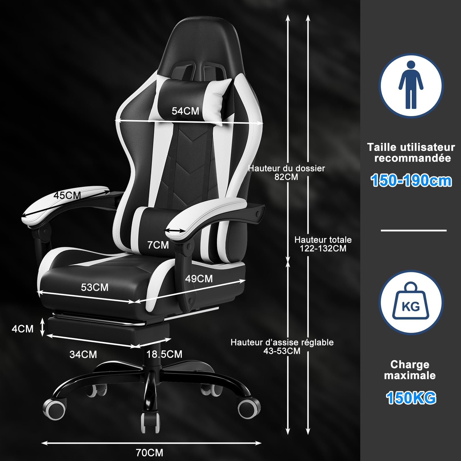 Devoko Chaise Gaming Ergonomique avec Massage Lombaire, Siège Gamer Inclinable 135°, Repose-Pieds, Appui-Tête Réglable, Fauteuil Gaming Adulte en Similicuir, Chaise Bureau Gaming Confortable, Blanc