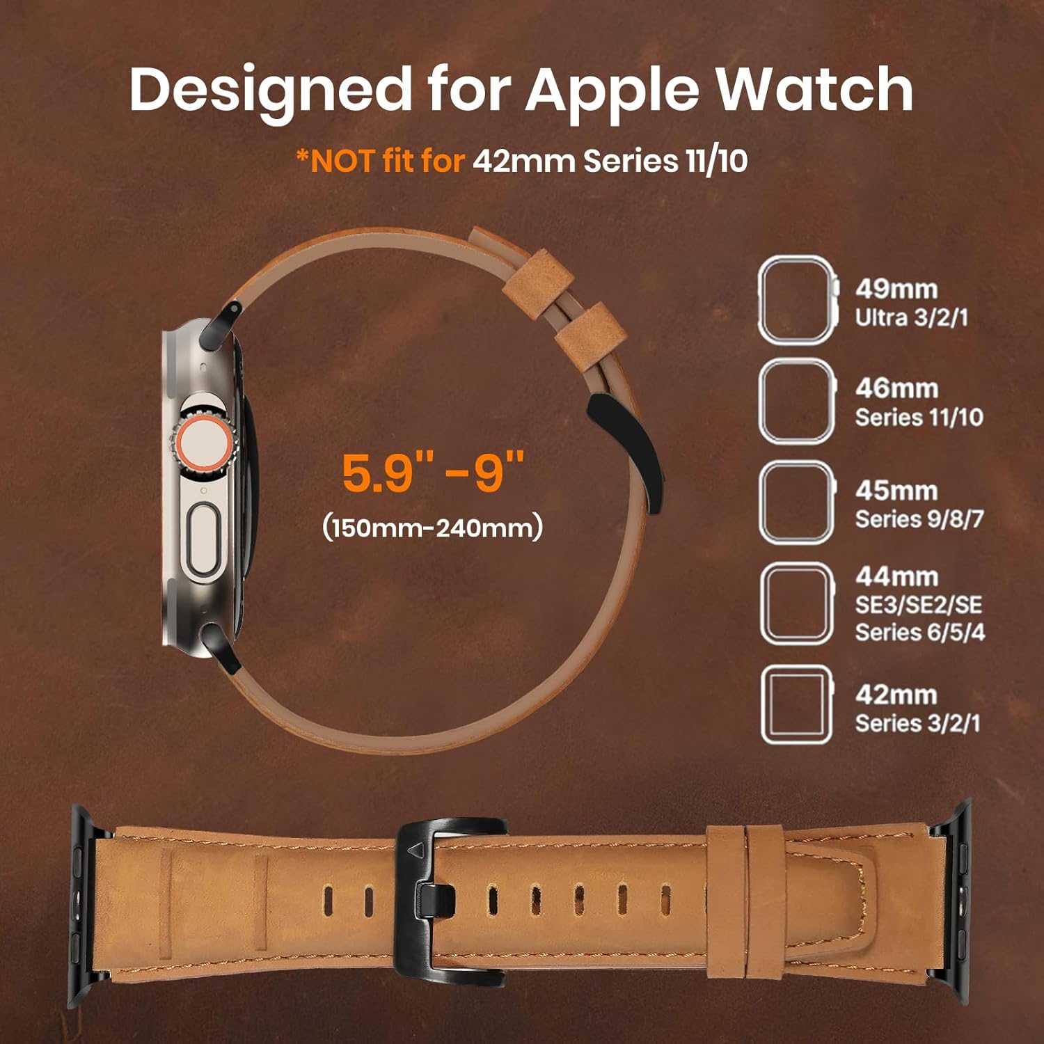 Delidigi Vintage Genuine Leather Band Compatible for Apple Watch Ultra Band 49mm 46mm 45mm 44mm 42mm, Handmade Top Grain Leather Replacement Strap for iWatch Ultra 3 2 1, SE 3 2 1, Series 11 10 9 8 7 6 5 4 3 - Image 3
