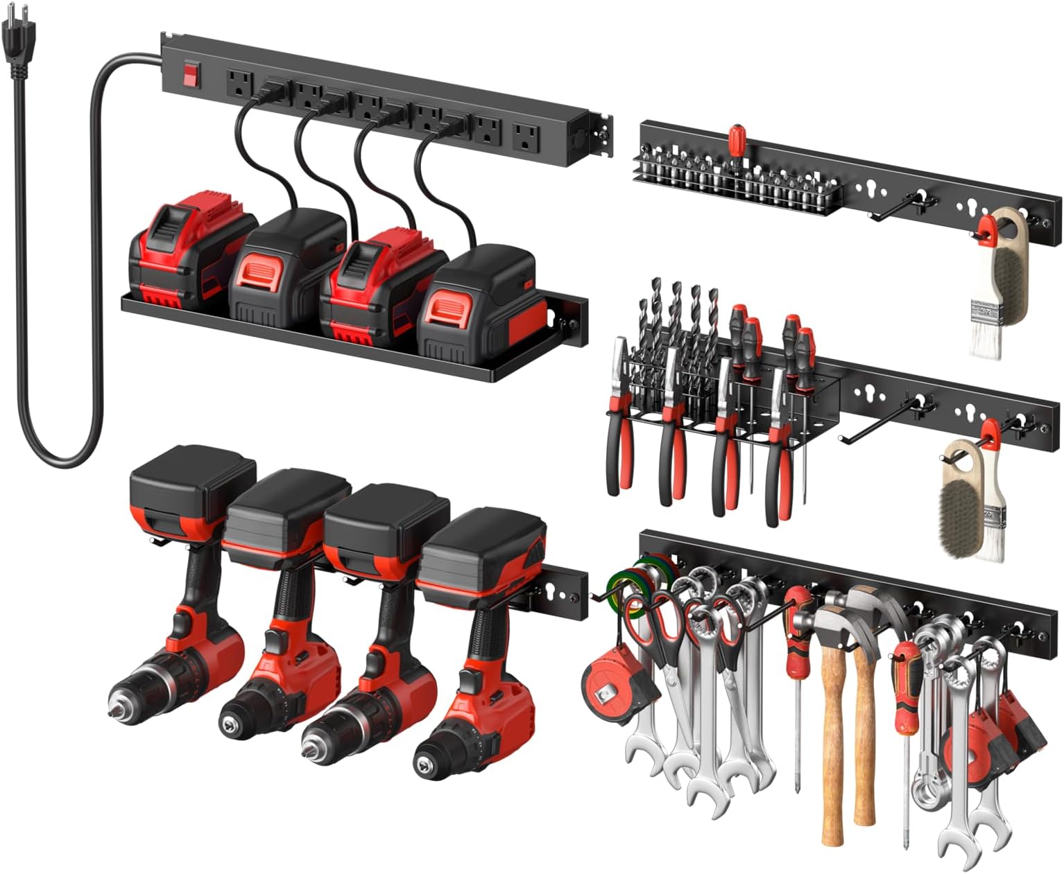 CCCEI Pegboard Tools Organizer with Power Strip, Wall Mount Metal Garage Storage and Organization System, with Hooks Tool Hangers, for Drills and Power Tools Battery, Screwdriver and Bit, Black.