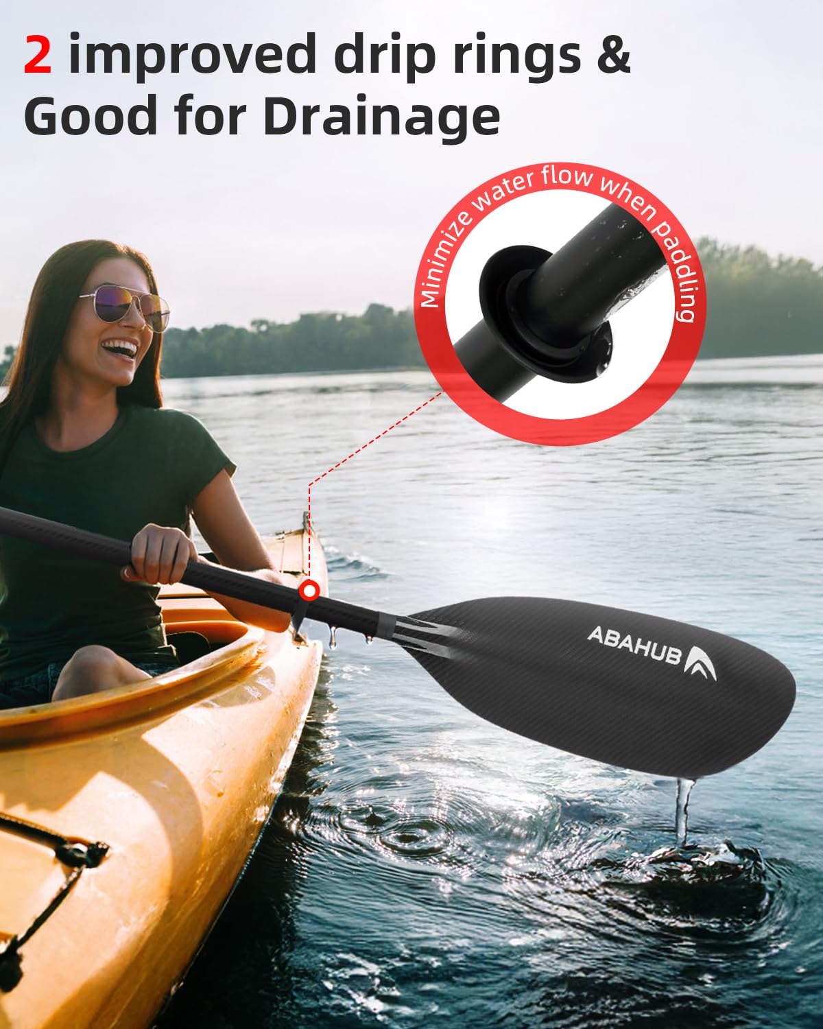 Abahub 2teilig Kajak Paddel Vollcarbon verstellbar 220cm bis 230cm Doppelpaddel mit Paddelleine für Kajakfahren Ruderboot, Carbonschaft Vollkohlefaser Paddelblatt