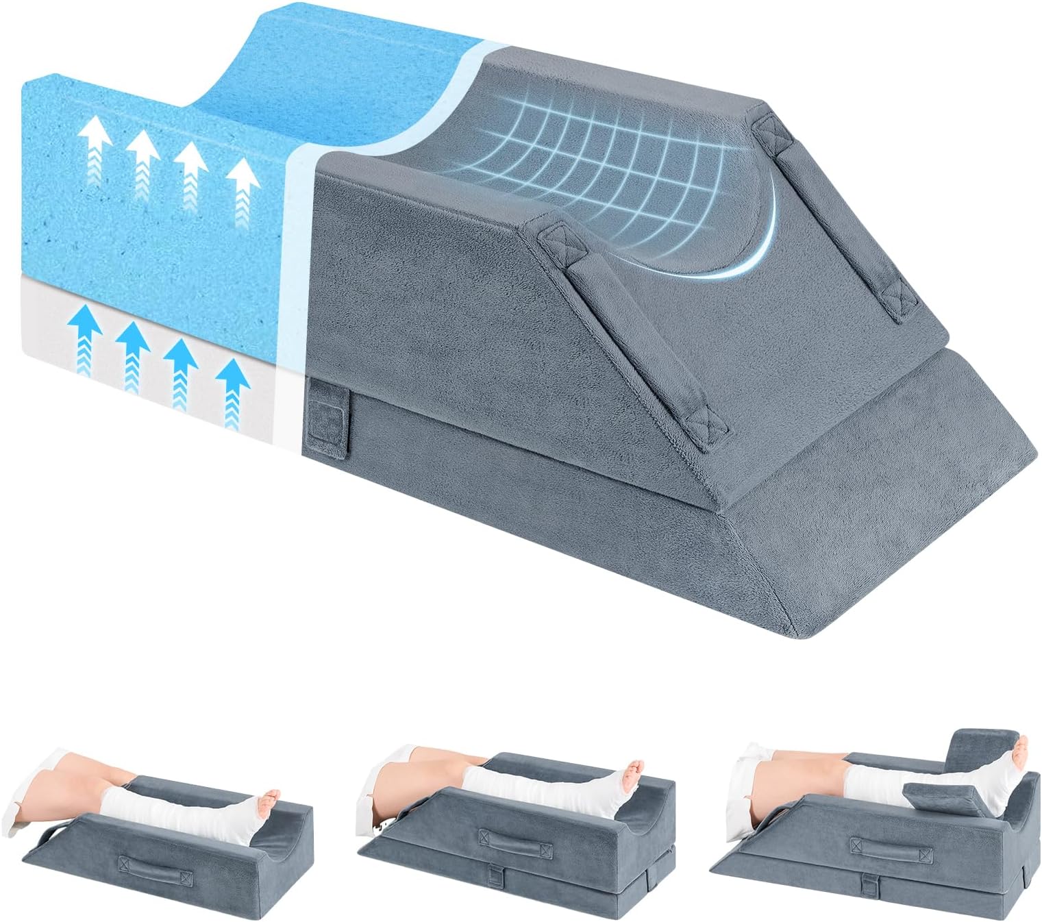 Wellsin 4-Height Adjustable Leg Elevation Pillows for After Surgery, Knee and Ankle Injuries, Memory Foam Leg Wedge Pillow with 3 Handles, 1 Insert Pad and Washable Velvet Cover