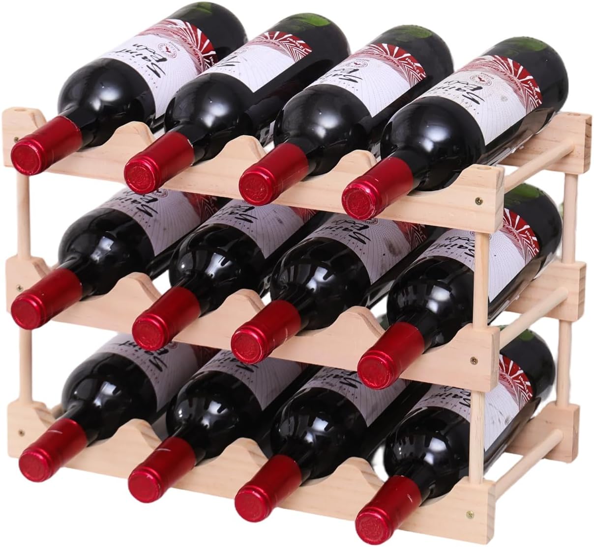 Estante para vino de madera de pino, apilable, para 12 botellas
