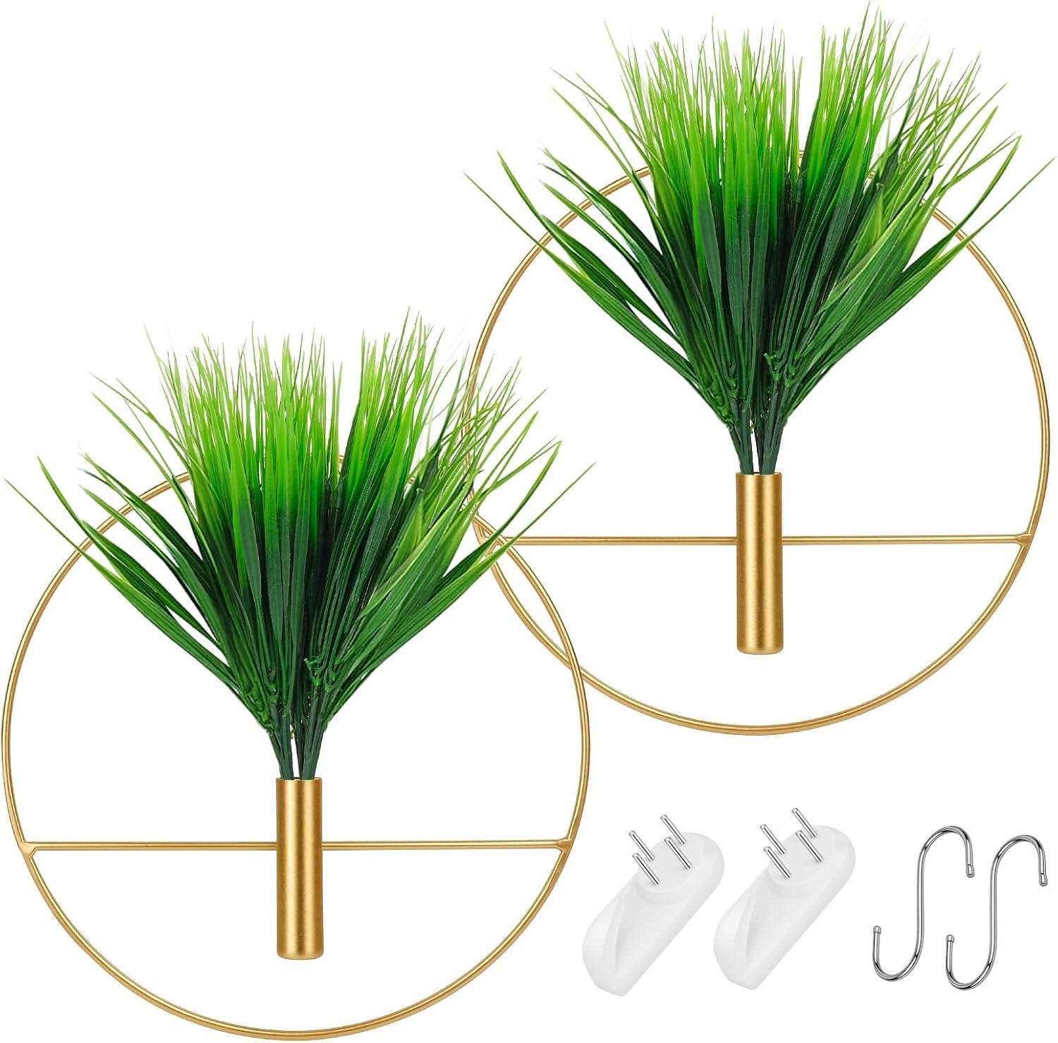 2-Piece Gold Wall Decor with Metal Round Hanging Hoop, Artificial Plants for Bedroom, Living Room, Office