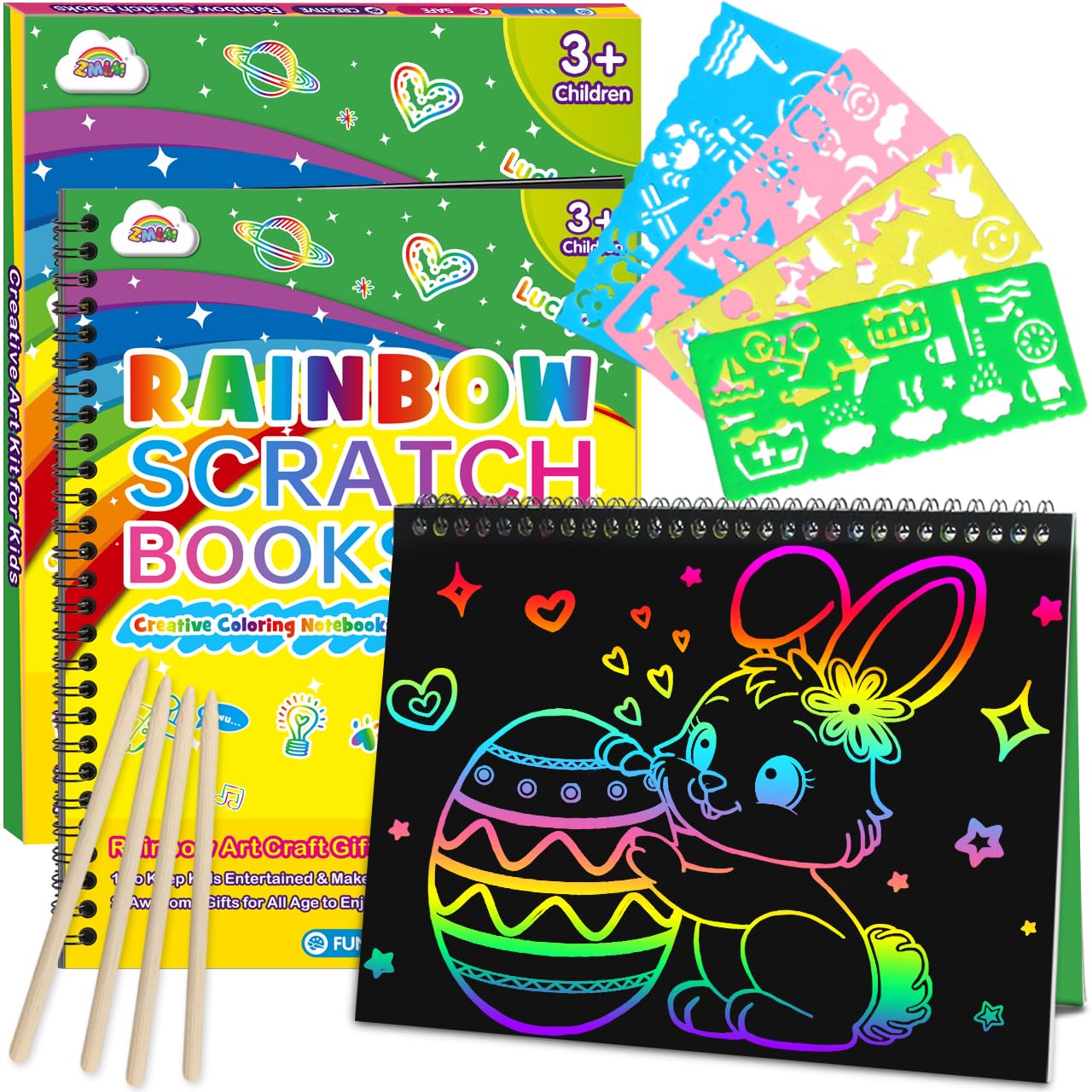 ZMLM Scratch Paper Art Craft: 2 Pack Rainbow Scratch Notebooks Easter Basket Stuffers for Toddler Crafts for Kids Ages 4-8,Easter Gifts for Kids Girls Boys School Birthday Party Toys School Activity