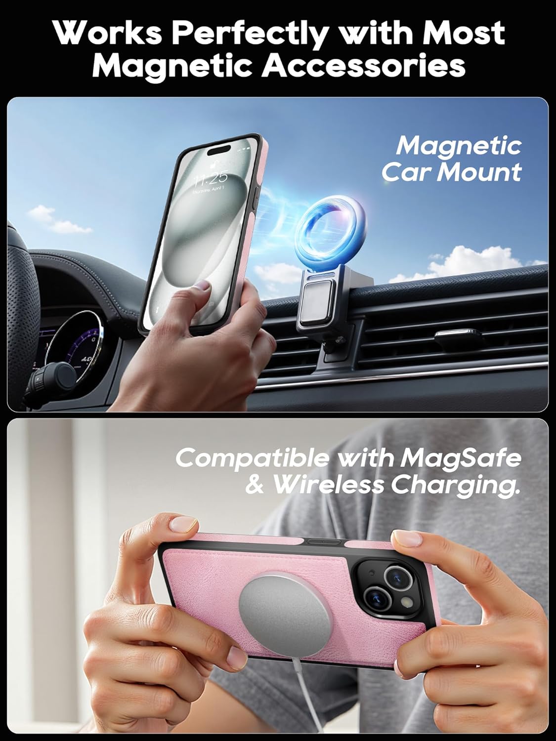Compatible with iPhone 13 Wallet Case with Card Holder, 2 in 1 Magnetic Detachable & Wireless Charging Support, PU Leather Flip Phone Cover with RFID Blocking (Pink)