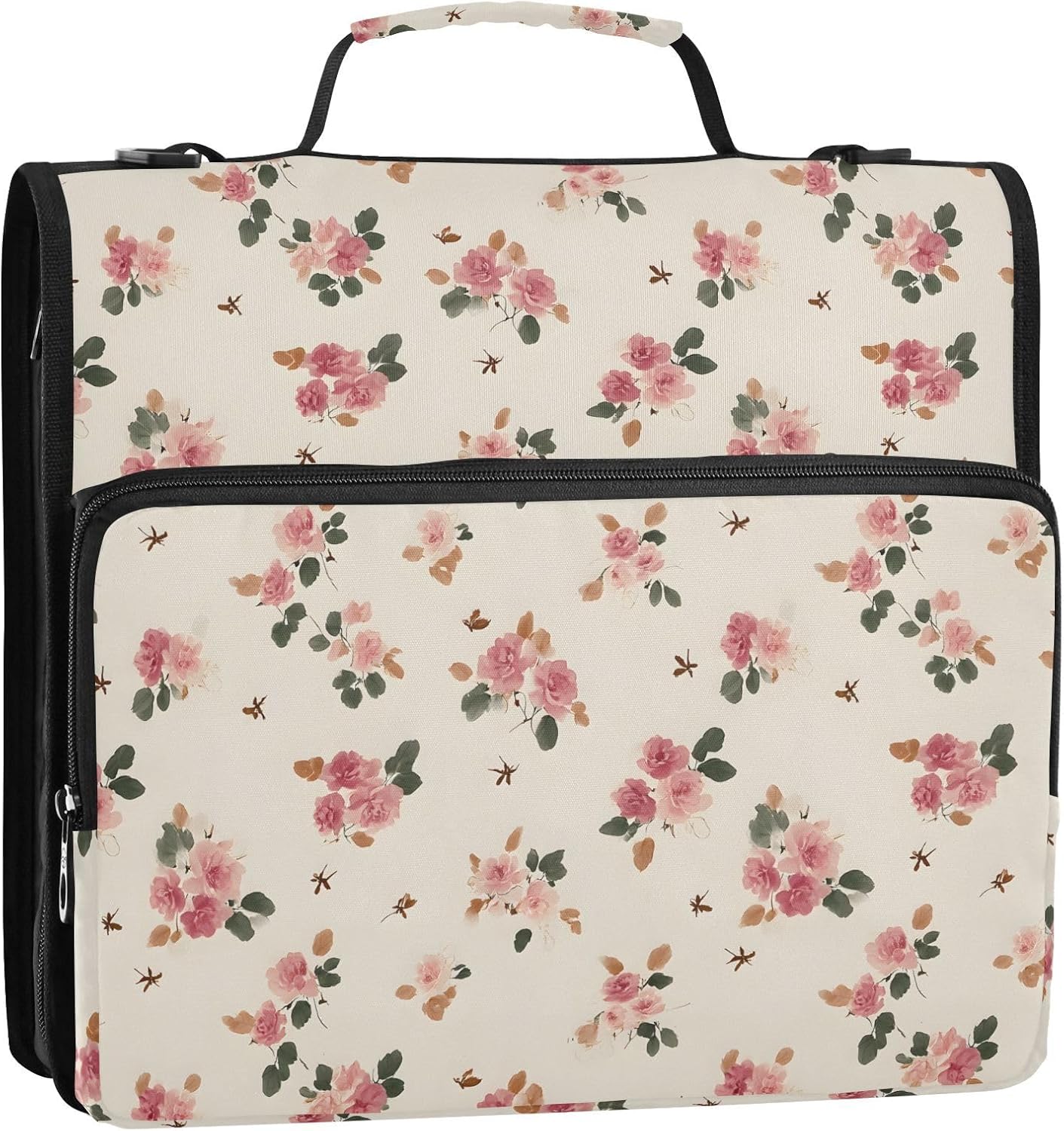 3 Ring Zipper Binder Retro Pink Floral Binders Bag with Shoulder Strap 500 Sheets Paper Organizer Trapper Keeper Documents Storage File Folder for School Office