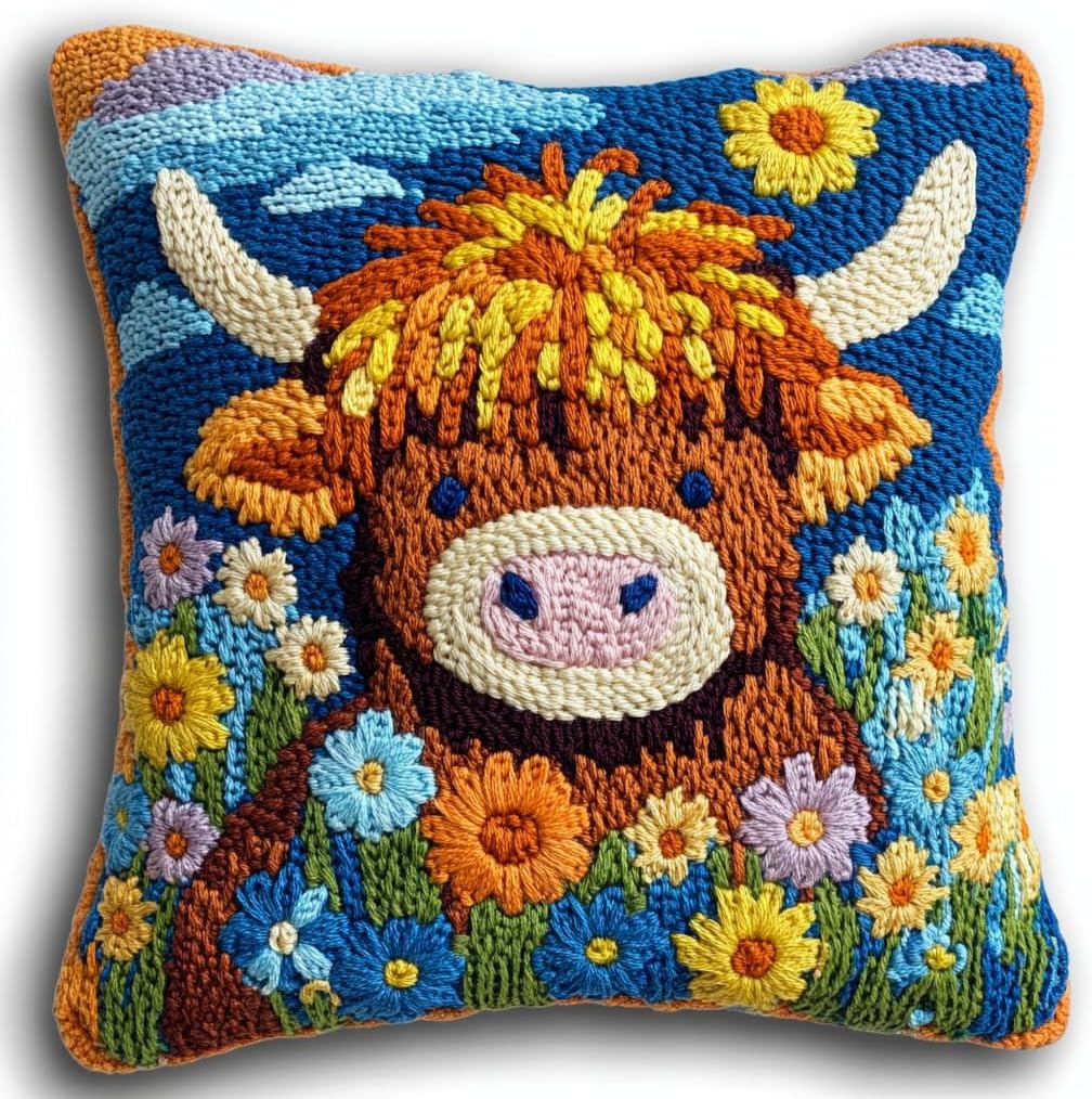 DIY Punch Needle Pillow Kit Highland Cow Daisy and Mountains with Pattern and Hoop Handmade Embroidery Punch Needle Starter Pillowcase Set for Home Sofa Decor 43x43cm-1-9