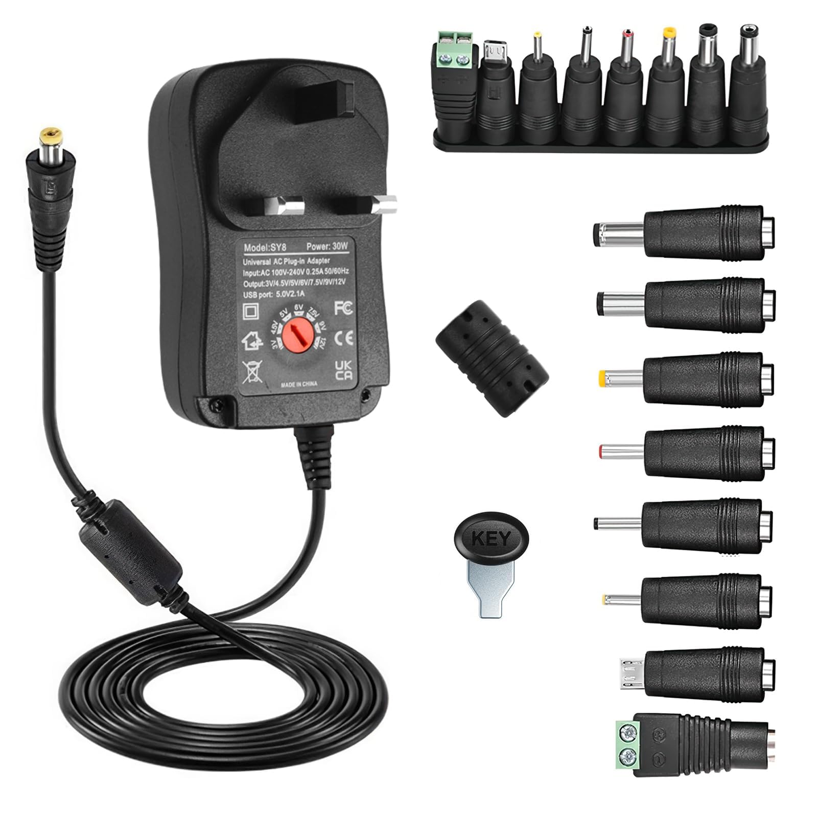 12V 2A Universal Power Adapter, 30W AC DC Power Supply with 8 Selectable Plug Tips Multiple Adjustable Voltage Charger Switching Converter Inverter for 3V 4.5V 5V 6V Household Electronics