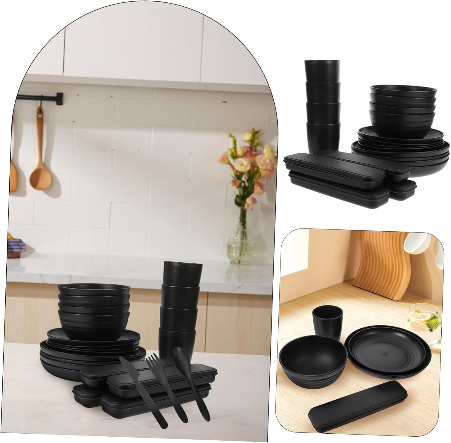 4sets Black Camping Picnic Set Bowl Plate Cup Spoon Fork Cutlery Case Portable Dinnerware Utensils for Outdoor Travel