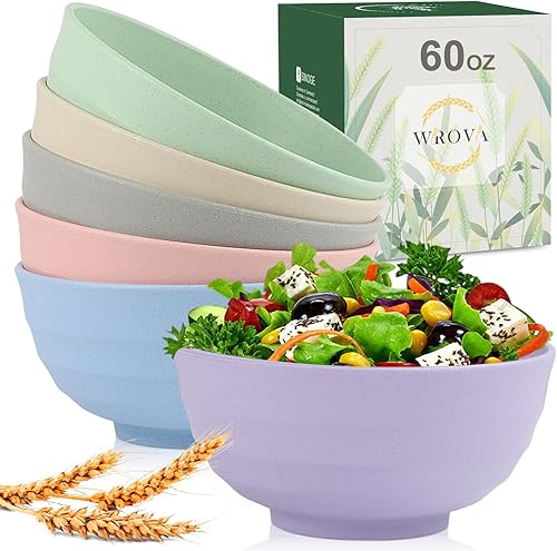 Wrova Wheat Straw Bowls Set 60 OZ Unbreakable Large Cereal Bowls Set of 6 Microwave and Dishwasher Safe Bowls Big Bowls for Dorm and Apartment BPA