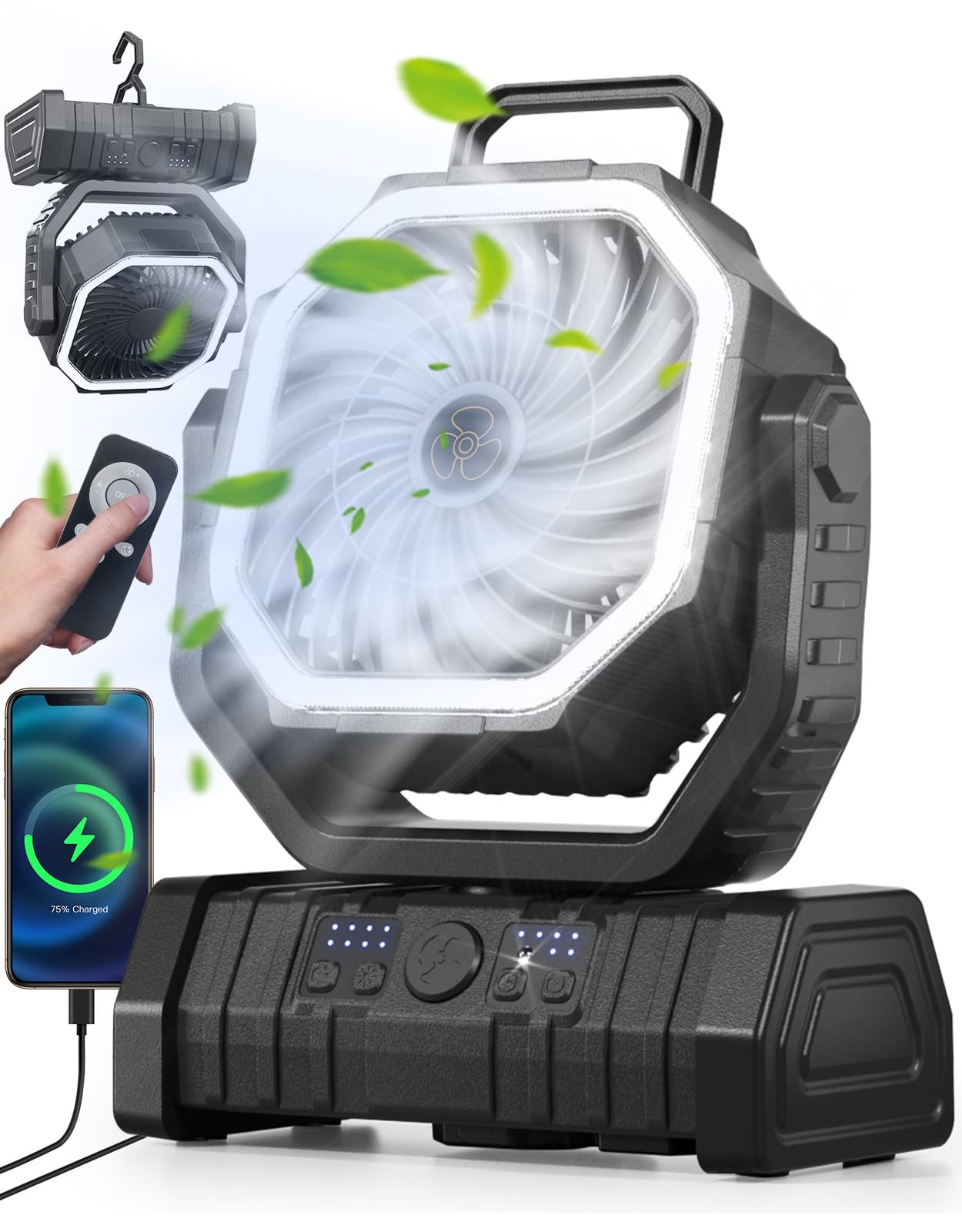 Richday 20000mAh con lanterna LED Ventilatore da campeggio Ventilatore silenzioso a 4 velocità Rotazione di 270° Ventilatore da campeggio all'aperto per uffici Tenda da camera da letto Campeggio