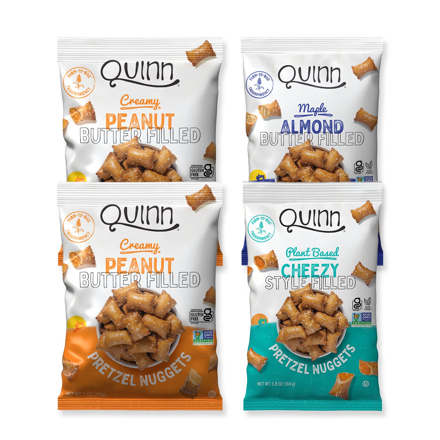 Quinn Gluten Free Pretzel Nuggets Variety Pack - Made with Real Ingredients, Whole Grain Sorghum, Sea Salt, Vegan, Dairy Free, Non-GMO - (2) Peanut Butter, (1) Maple, (1) Cheddah Cheezy (Pack of 4)