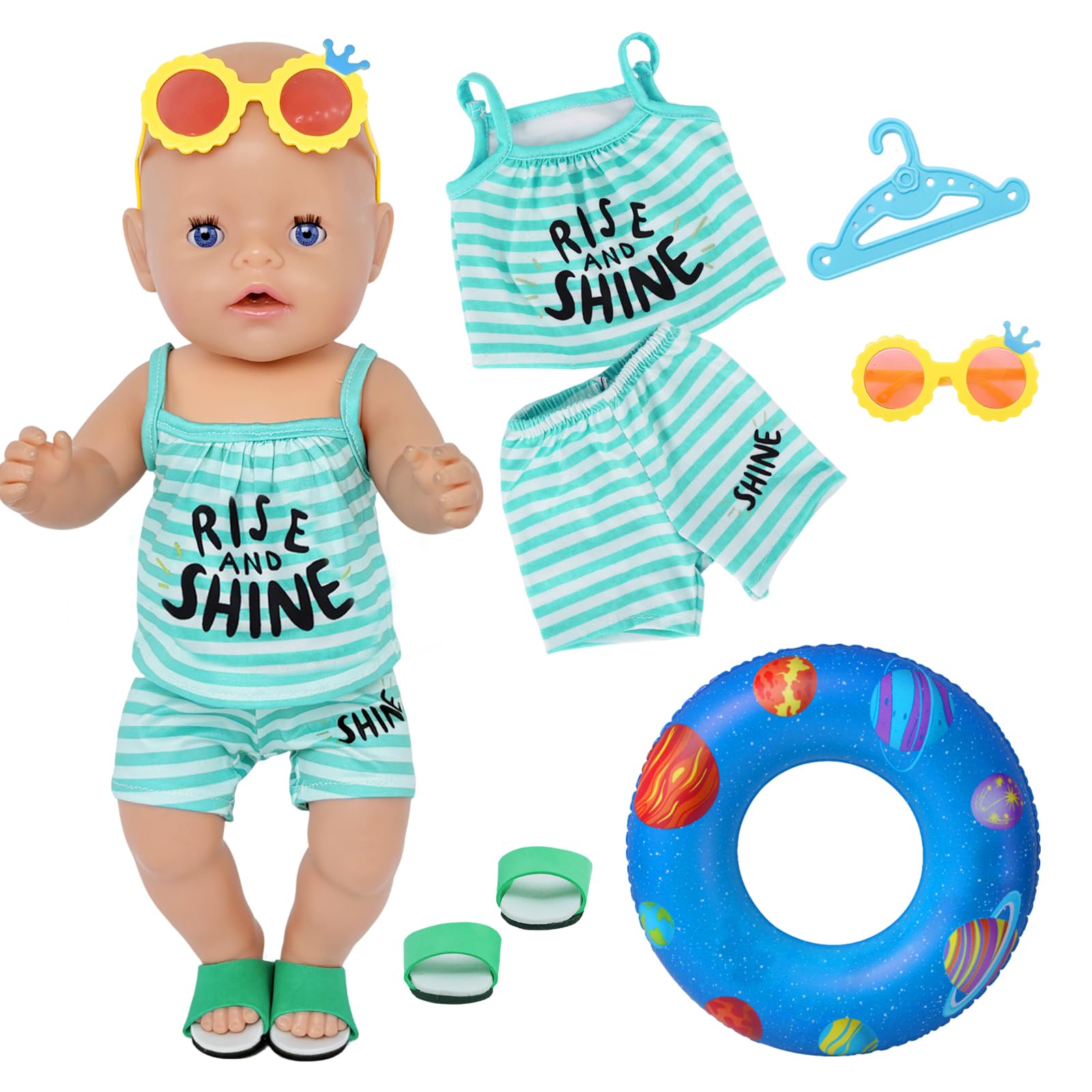 6-Teiliges Puppenkleidung 35–43 cm Sommer Set, Blau Weiß Gestreiftes Puppen Outfit mit Blauen Sandalen, Gelber Sonnenbrille, Blauem Schwimmring und Kleiderbügel