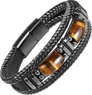 Tiger Eye Black Leather Bracelet Men Natural Tiger Eye...