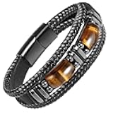 Tiger Eye Black Leather Bracelet Men Natural Tiger Eye Gemstone Crystal Stone Jewelry Handmade Courage And Stress Relief Protection Bracelet