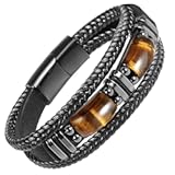 Tiger Eye Black Leather Bracelet Men Natural Tiger Eye Gemstone Crystal Stone Jewelry Handmade Courage And Stress Relief Protection Bracelet