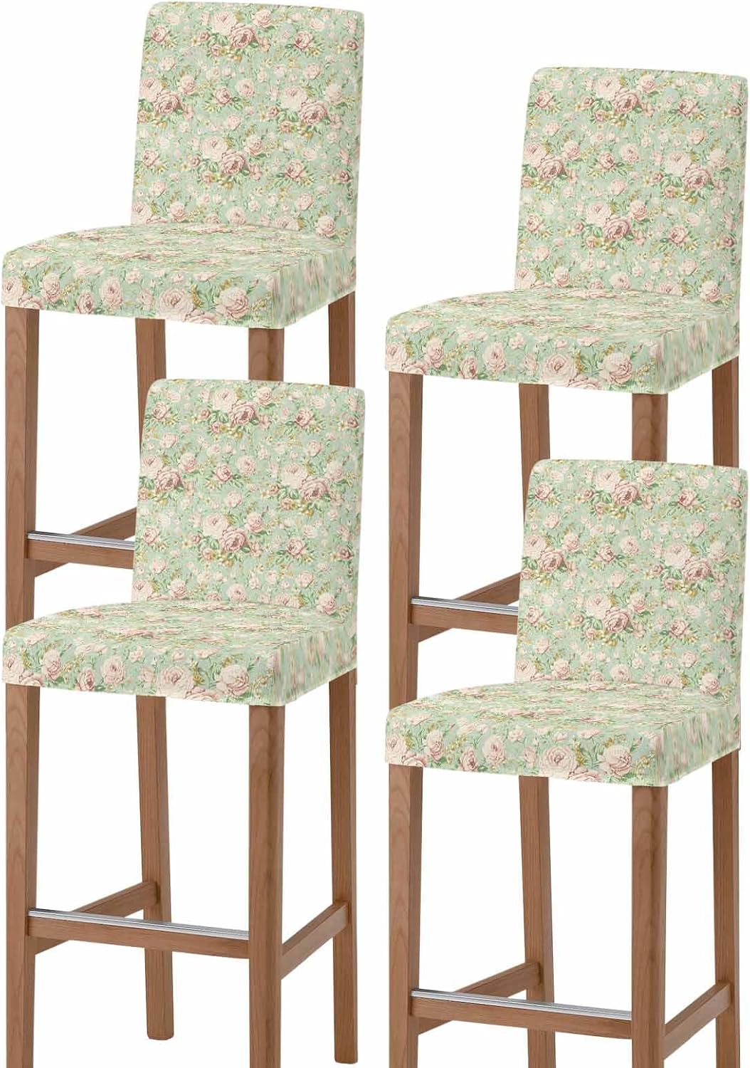 Bar Chair Stool Covers Set of 4, Teal Spring Floral Stretch Washable Removable Bar High Chair Cover, Vintage Summer Botanical Flowers Elastic Bar Chair Protector for Kitchen/Restaurant