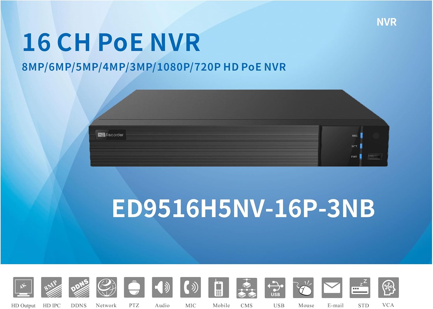 Titanium ED9516H5NV-16P-3NB NVR 16CH(16POE) 96/96Mbps 4K HDMI/VGA Audio 2 SATA (HDD Not Included) NDAA Network Surveillance Recorder