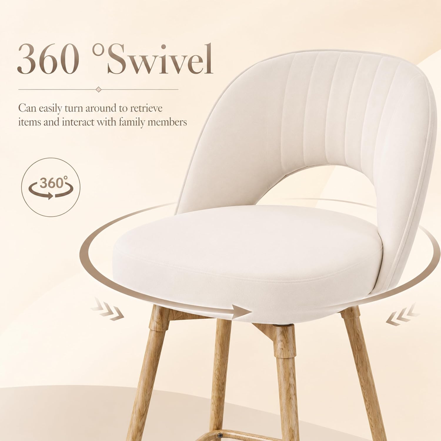 Cream upholstered counter stool demonstrating smooth 360-degree seat rotation