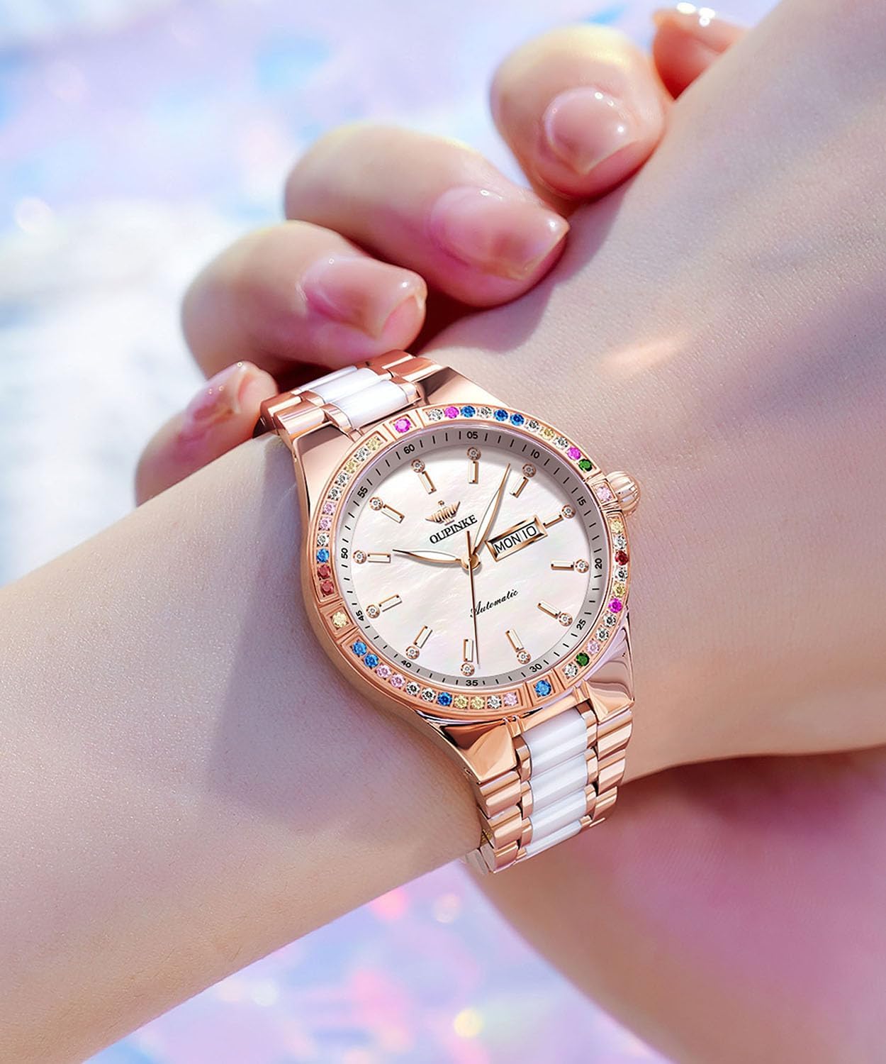 OUPINKE Women Automatic Watches Colorful Diamond Elegant Luxury Dress Ladies Rose Gold Mechanical Sapphire Crystal Wrist Watch - Image 3